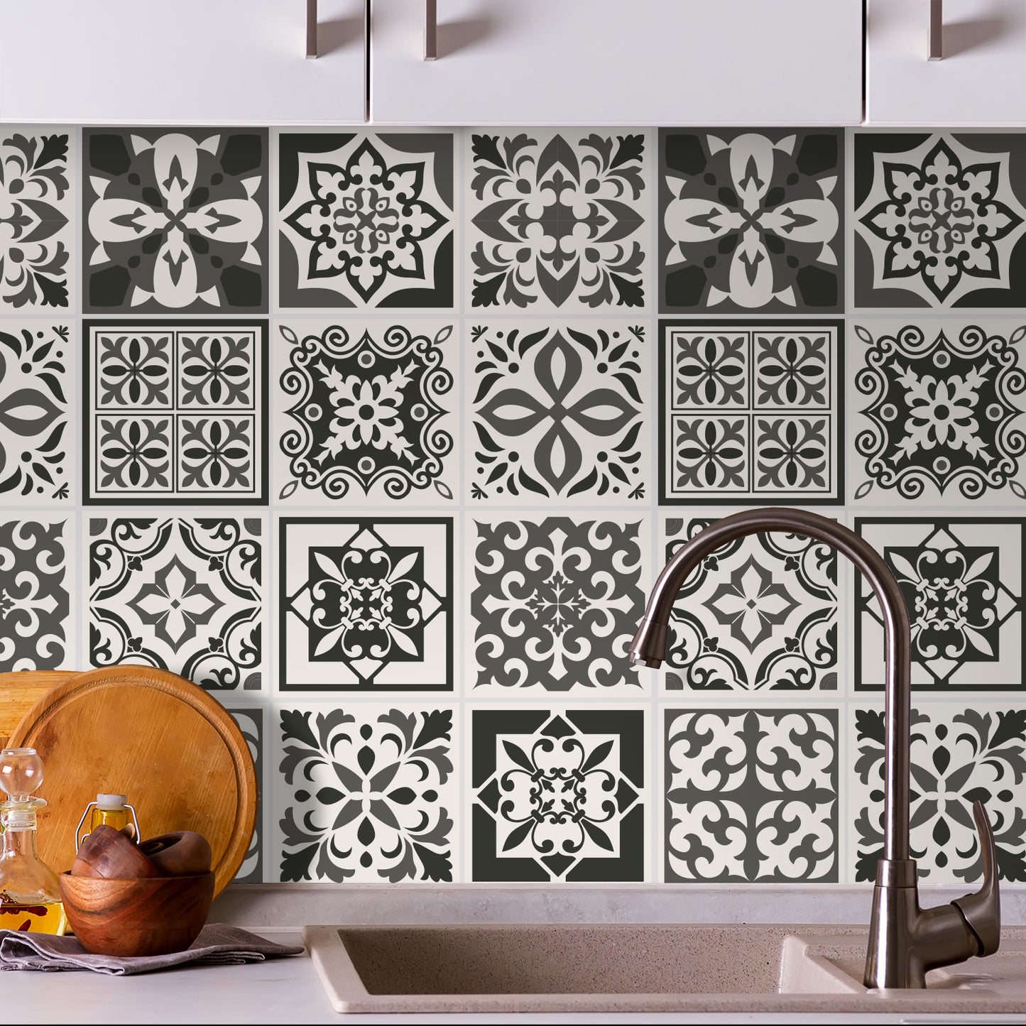WT1571 - Ethor Dark Grey Mediterranean Wall Tile Sticker Set - 15 x 15 cm (6 x 6 in) - 24 pcs