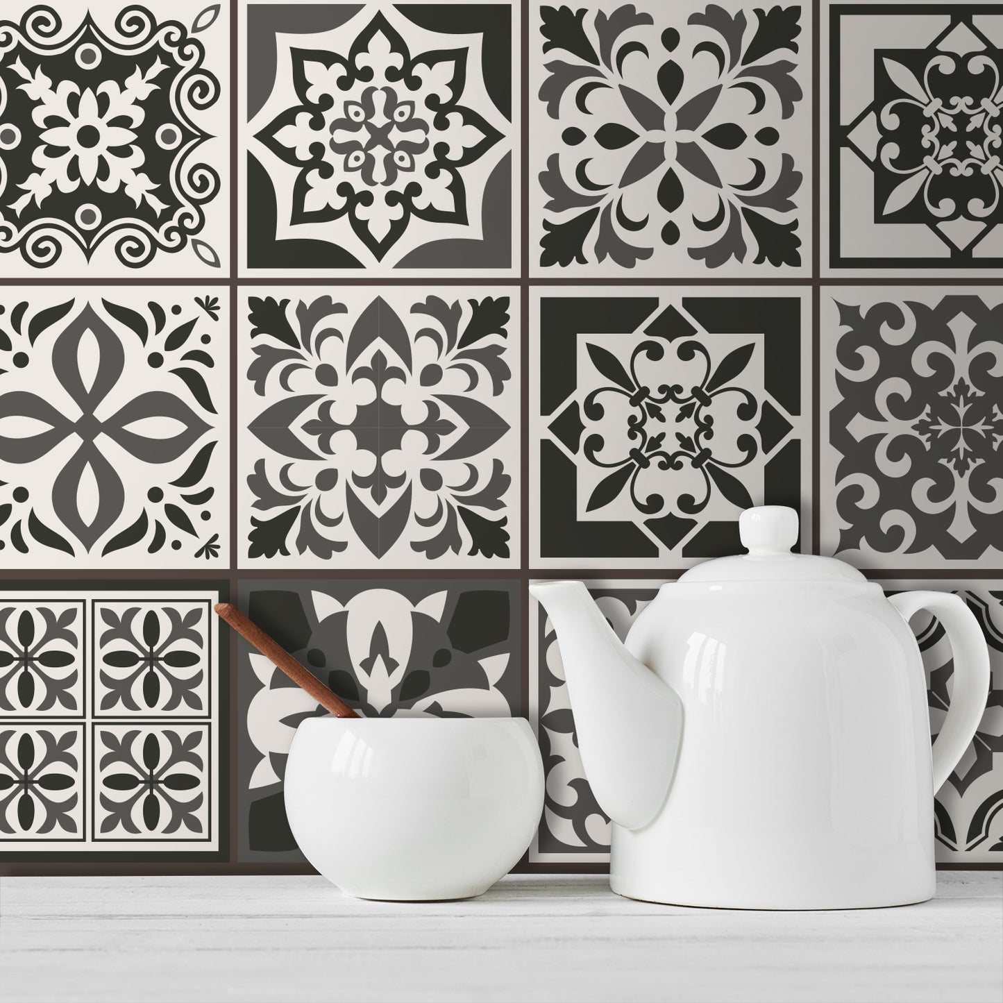 WT1571 - Ethor Dark Grey Mediterranean Wall Tile Sticker Set - 15 x 15 cm (6 x 6 in) - 24 pcs