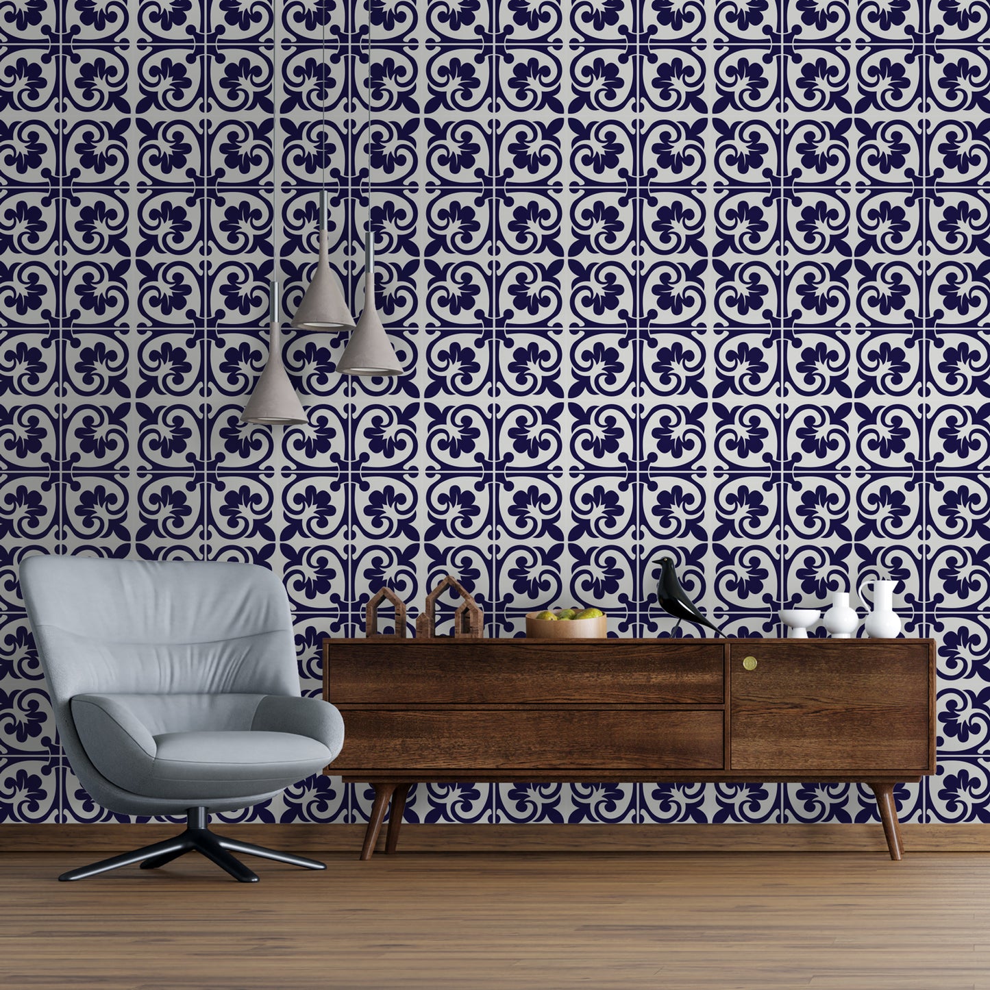 WT1576 - Betsy Monocromatic Dark Blue Victorian Wall Tile Sticker Set - 15 x 15 cm (6 x 6 in) - 24 pcs