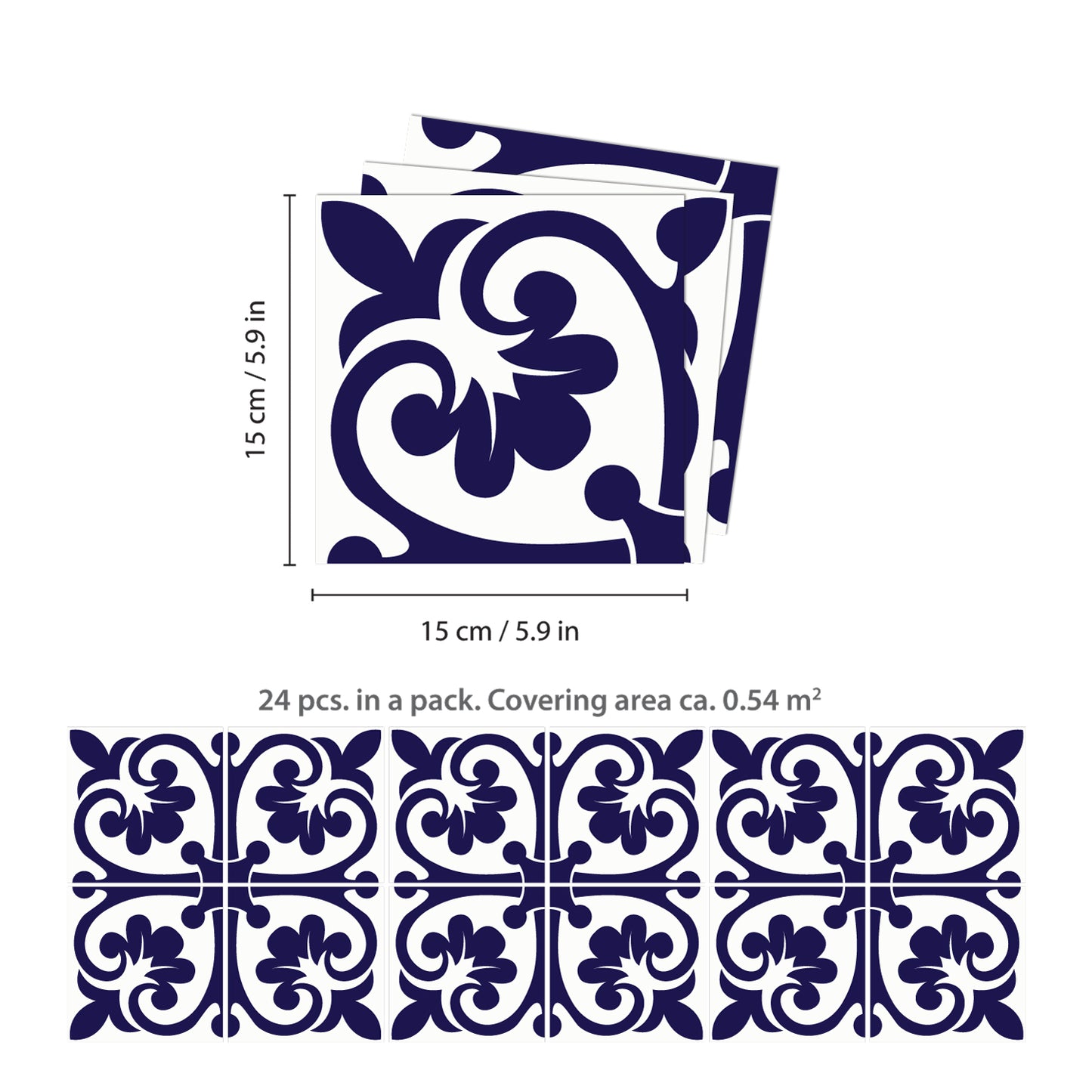 WT1576 - Betsy Monocromatic Dark Blue Victorian Wall Tile Sticker Set - 15 x 15 cm (6 x 6 in) - 24 pcs