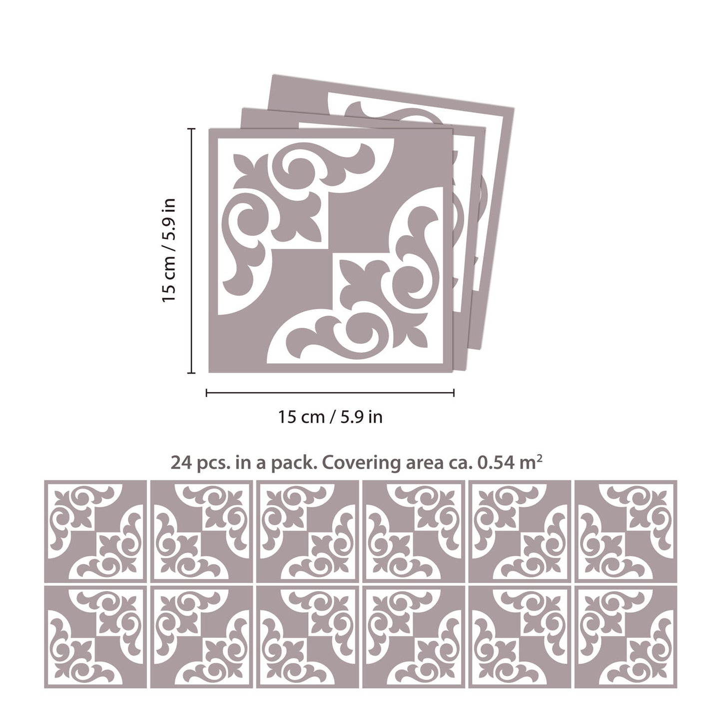 WT1577 - Audley Monocromatic Taupe Victorian Wall Tile Sticker Set - 15 x 15 cm (6 x 6 in) - 24 pcs