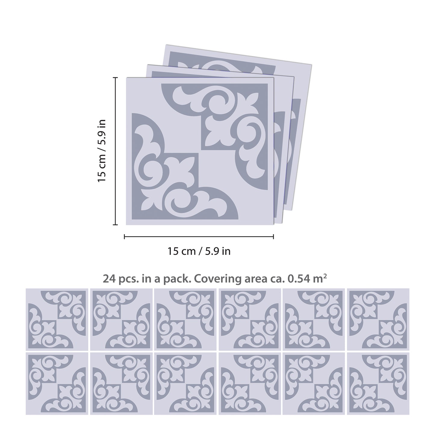 WT1578 - Osborne Monocromatic Light Grey Victorian Wall Tile Sticker Set - 15 x 15 cm (6 x 6 in) - 24 pcs