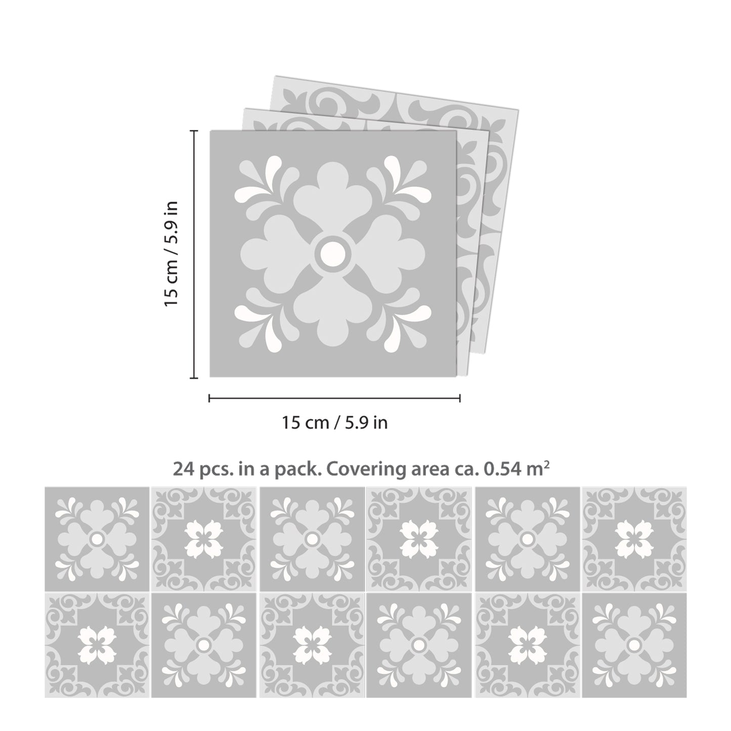 WT1579 - Ginnie Floral Light Grey Victorian Wall Tile Sticker Set - 15 x 15 cm (6 x 6 in) - 24 pcs