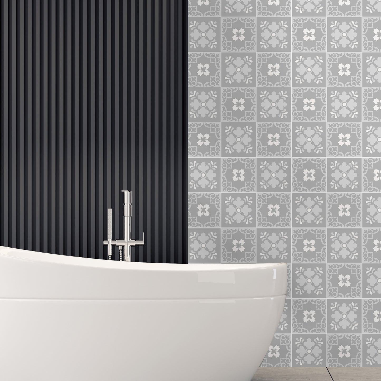 WT1579 - Ginnie Floral Light Grey Victorian Wall Tile Sticker Set - 15 x 15 cm (6 x 6 in) - 24 pcs
