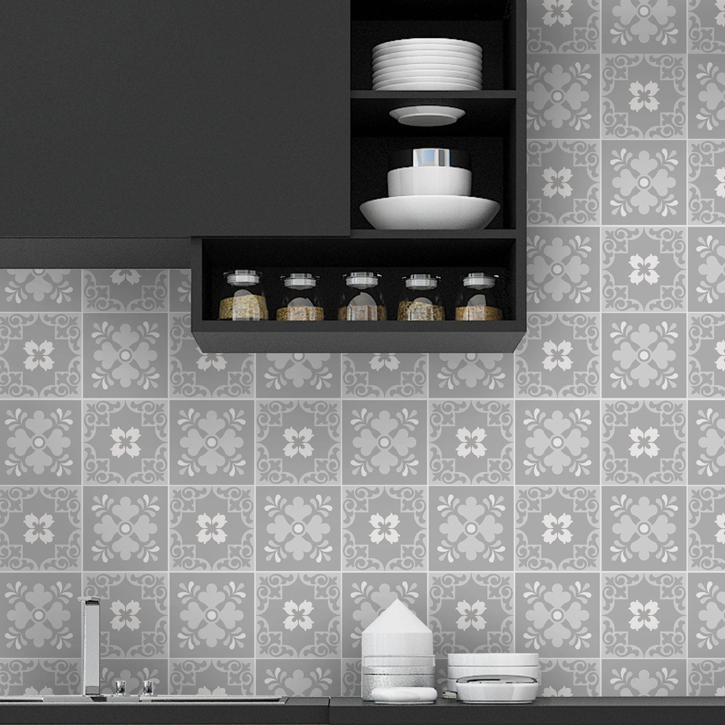 WT1579 - Ginnie Floral Light Grey Victorian Wall Tile Sticker Set - 15 x 15 cm (6 x 6 in) - 24 pcs