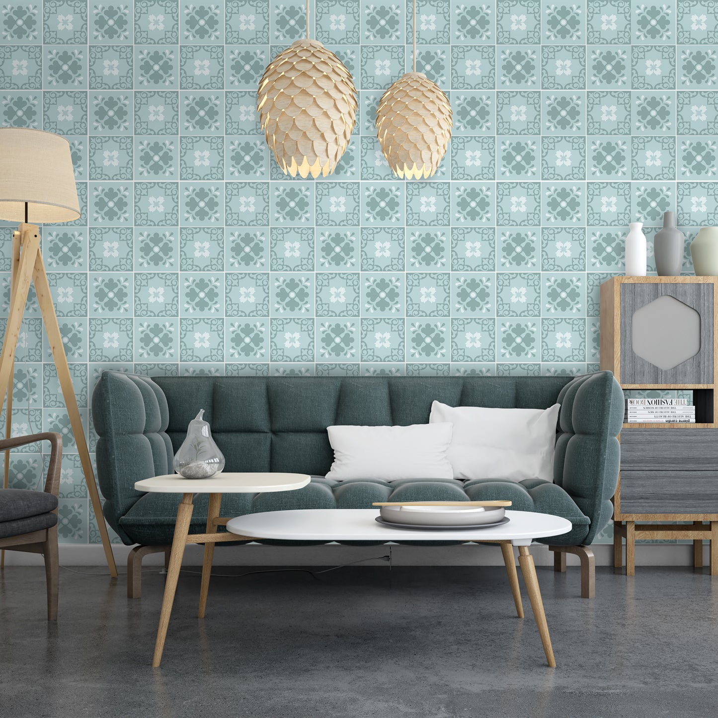 WT1580 - Jan Floral Light Blue Victorian Wall Tile Sticker Set - 15 x 15 cm (6 x 6 in) - 24 pcs