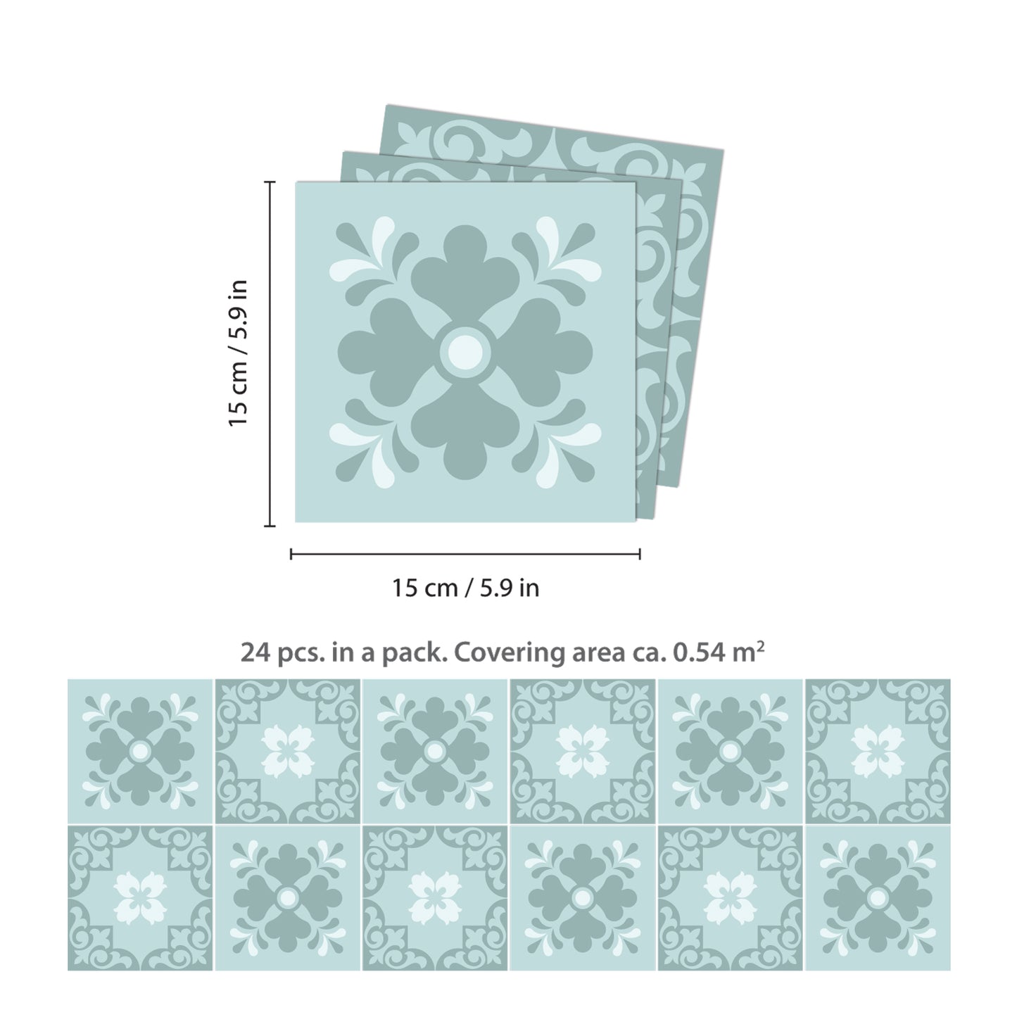 WT1580 - Jan Floral Light Blue Victorian Wall Tile Sticker Set - 15 x 15 cm (6 x 6 in) - 24 pcs