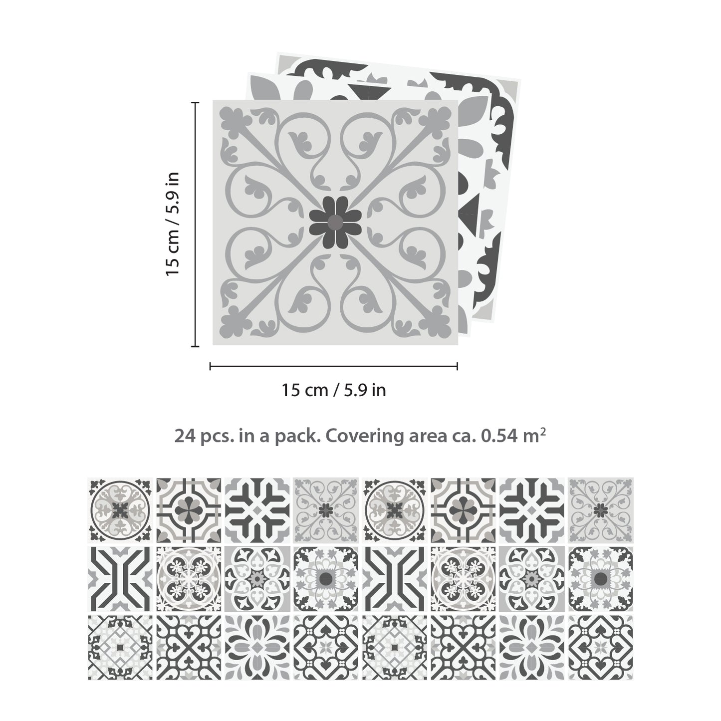 WT1581 - Novi Light Grey Cement Azulejo Wall Tile Sticker Set - 15 x 15 cm (6 x 6 in) - 24 pcs
