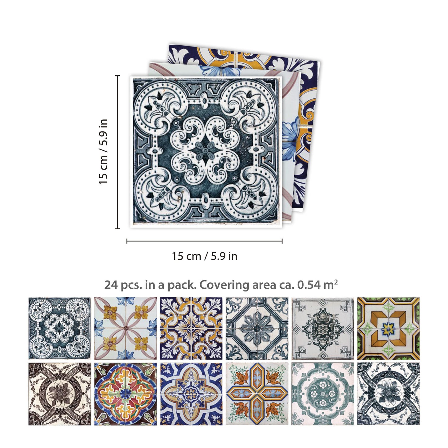 WT1583 - Corfu Colourful Mediterranean Wall Tile Sticker Set - 15 x 15 cm (6 x 6 in) - 24 pcs