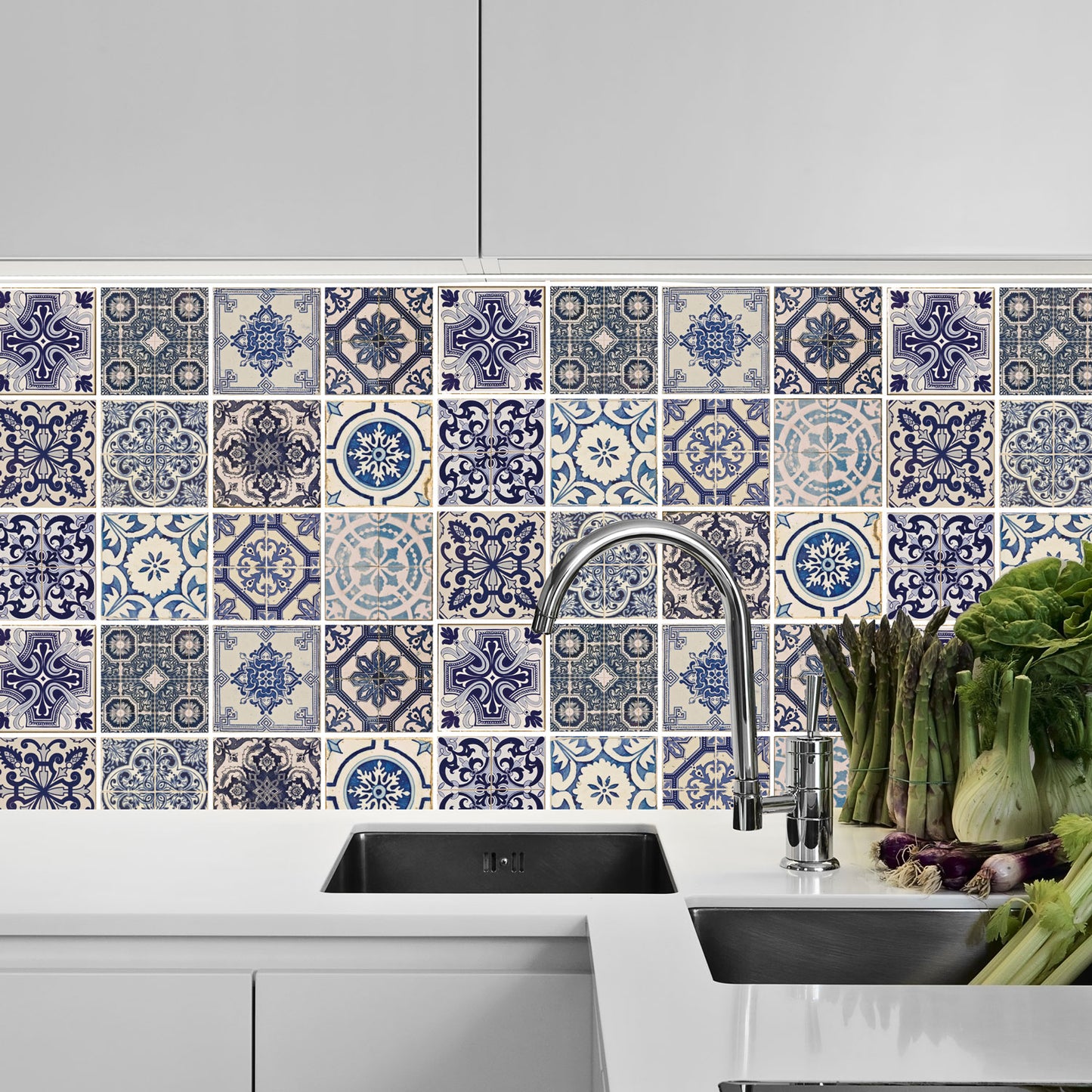 WT1584 - Malaga Spanish Blue Wall Tile Sticker Set - 15 x 15 cm (6 x 6 in) - 24 pcs