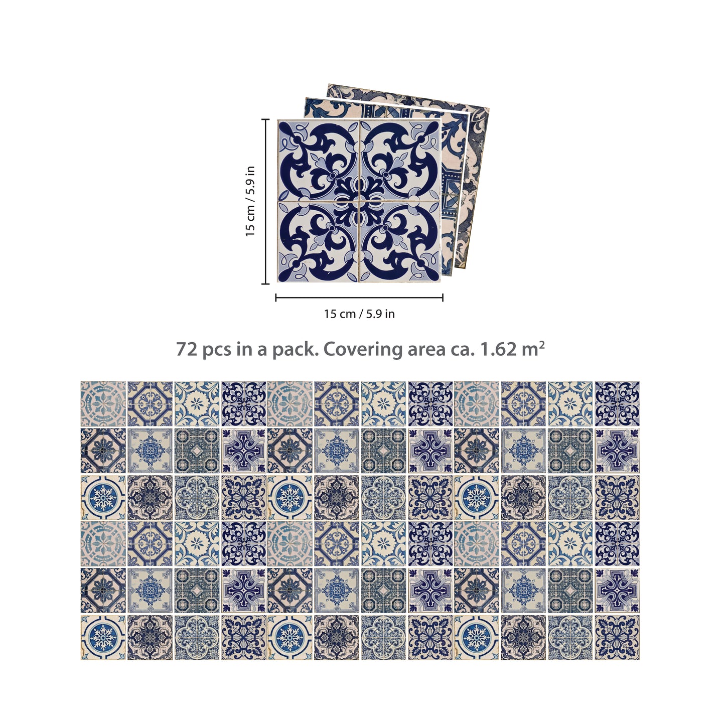 WT1584 - Malaga Spanish Blue Wall Tile Sticker Set - 15 x 15 cm (6 x 6 in) - 24 pcs