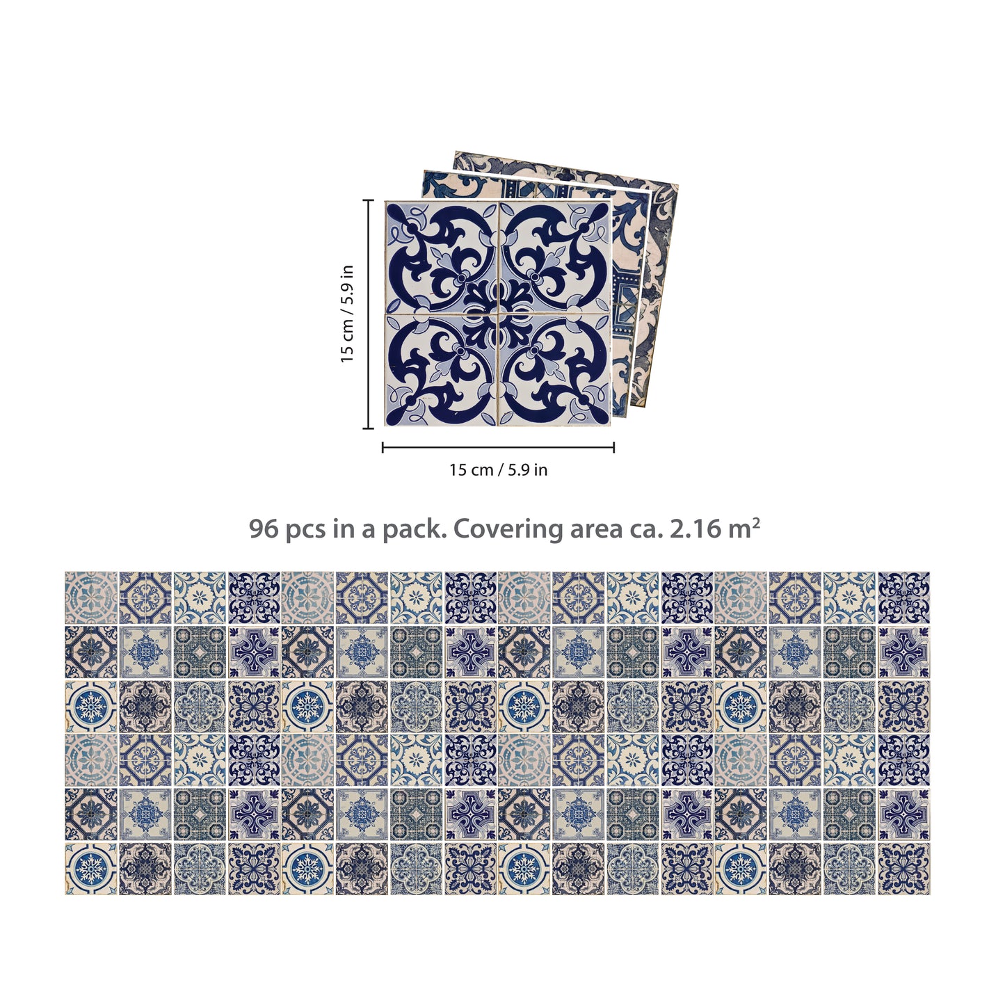 WT1584 - Malaga Spanish Blue Wall Tile Sticker Set - 15 x 15 cm (6 x 6 in) - 24 pcs