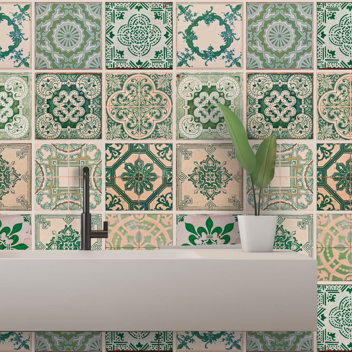 WT1585 - Vintage Green Antique Azulejo Wall Tile Sticker Set - 15 x 15 cm (6 x 6 in) - 24 pcs