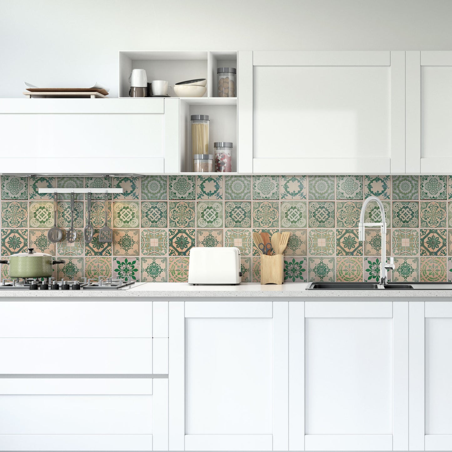 WT1585 - Vintage Green Antique Azulejo Wall Tile Sticker Set - 15 x 15 cm (6 x 6 in) - 24 pcs