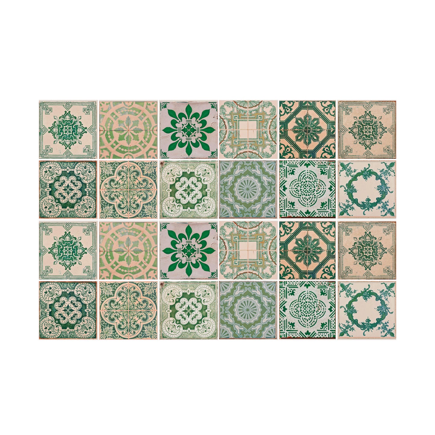 WT1585 - Vintage Green Antique Azulejo Wall Tile Sticker Set - 15 x 15 cm (6 x 6 in) - 24 pcs