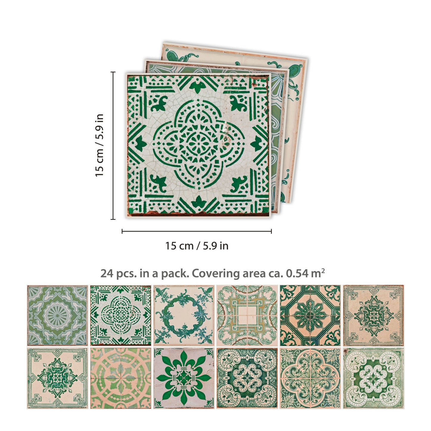 WT1585 - Vintage Green Antique Azulejo Wall Tile Sticker Set - 15 x 15 cm (6 x 6 in) - 24 pcs