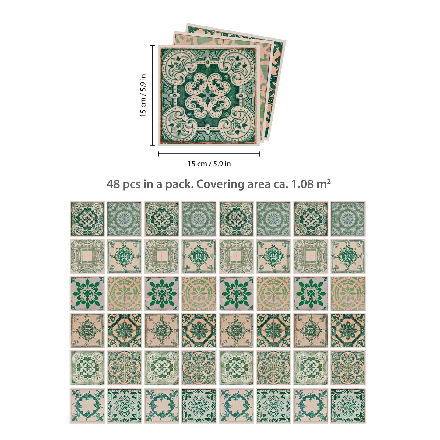 WT1585 - Vintage Green Antique Azulejo Wall Tile Sticker Set - 15 x 15 cm (6 x 6 in) - 24 pcs