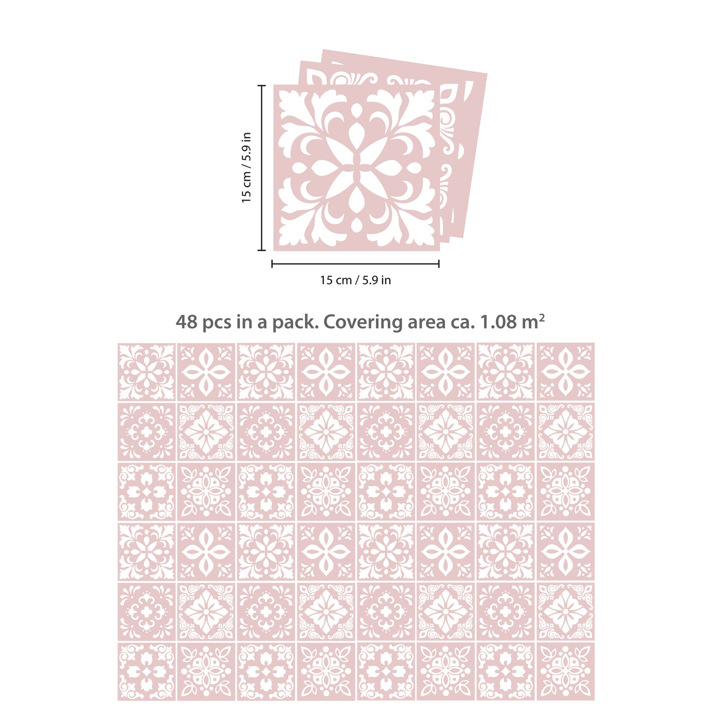 WT1559 - Sevilla Light Pink Spanish Wall Tile Sticker Set - 15 cm x 15 cm - 24 pcs
