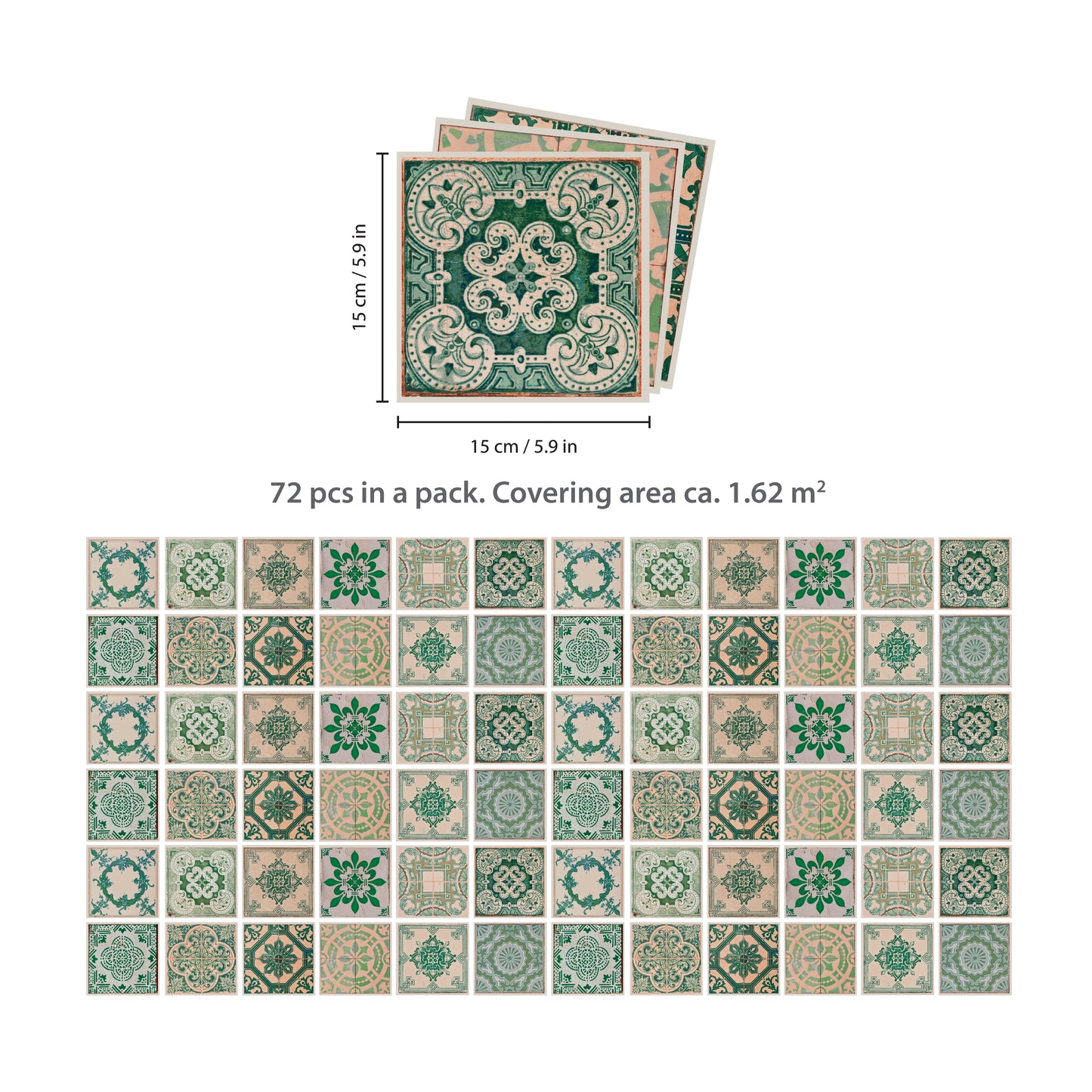 WT1585 - Vintage Green Antique Azulejo Wall Tile Sticker Set - 15 x 15 cm (6 x 6 in) - 24 pcs