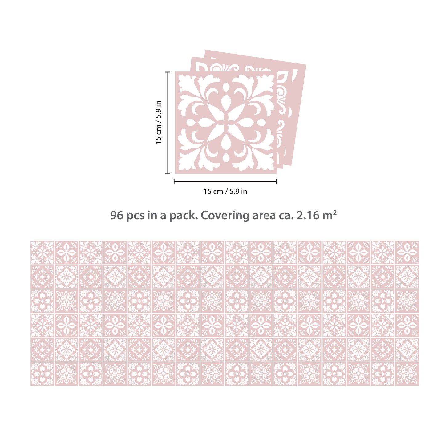 WT1559 - Sevilla Light Pink Spanish Wall Tile Sticker Set - 15 cm x 15 cm - 24 pcs