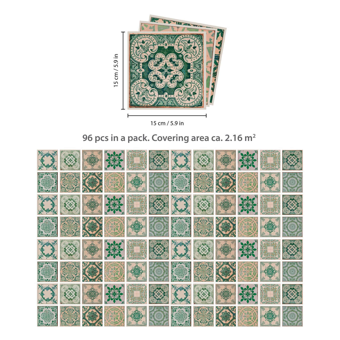WT1585 - Vintage Green Antique Azulejo Wall Tile Sticker Set - 15 x 15 cm (6 x 6 in) - 24 pcs