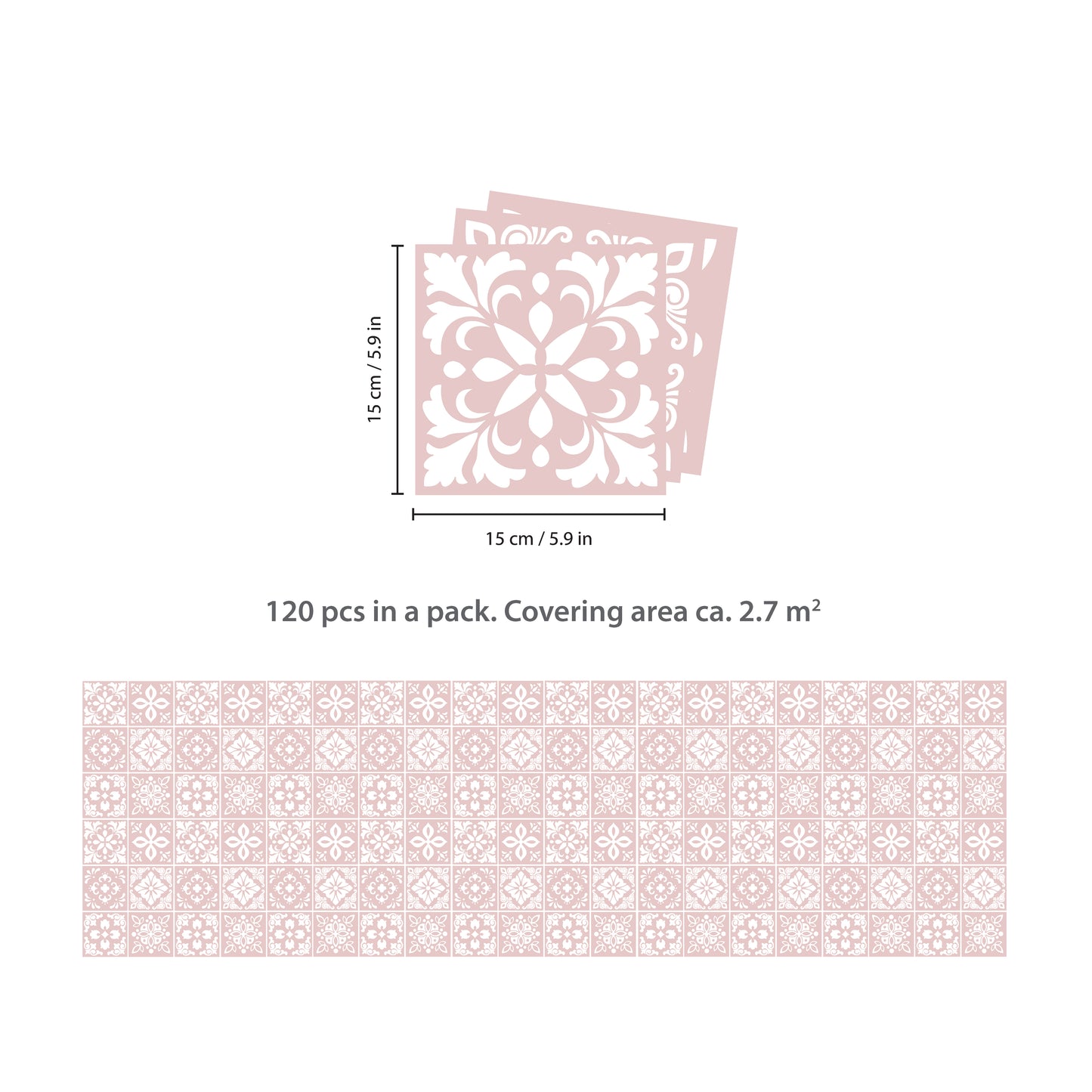 WT1559 - Sevilla Light Pink Spanish Wall Tile Sticker Set - 15 cm x 15 cm - 24 pcs