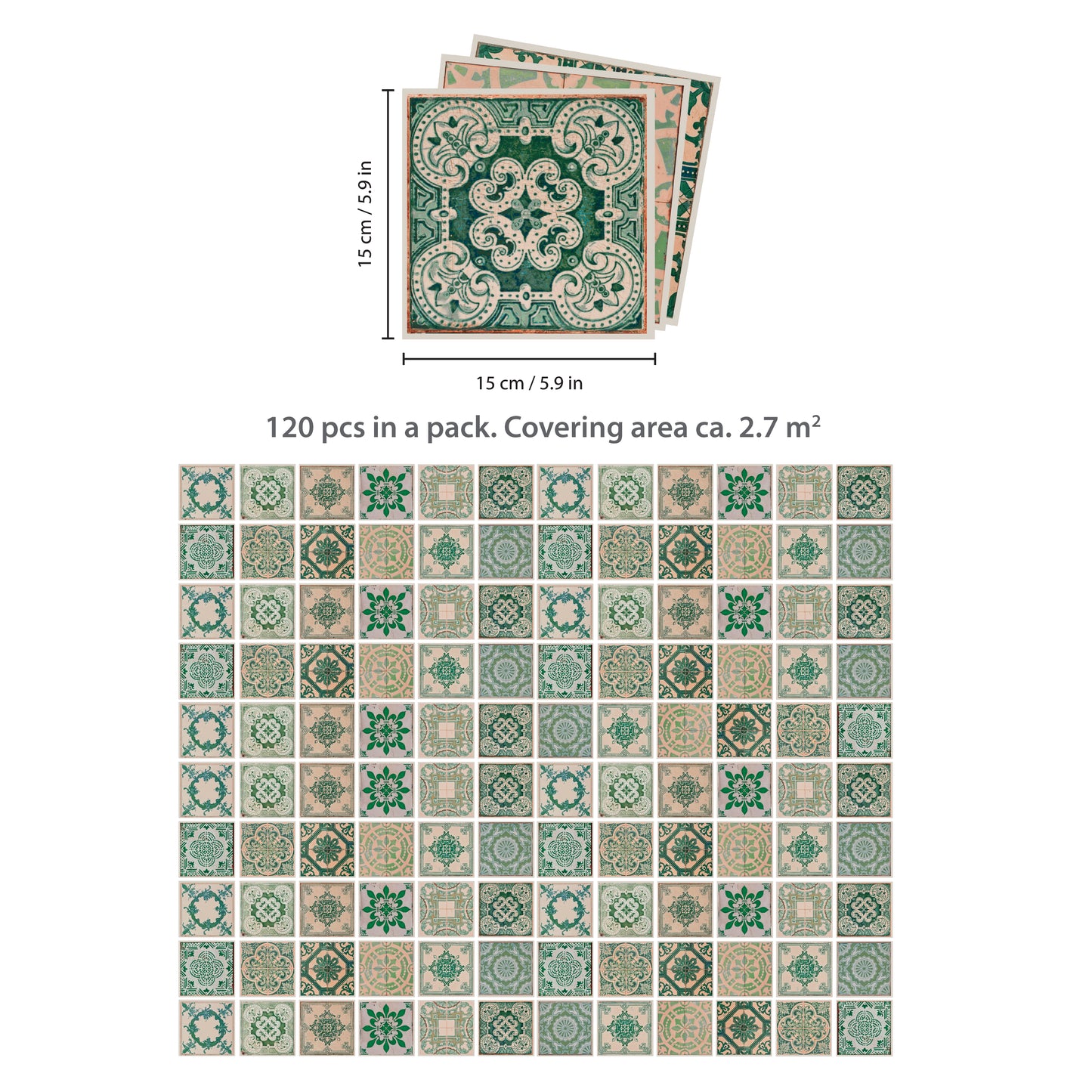 WT1585 - Vintage Green Antique Azulejo Wall Tile Sticker Set - 15 x 15 cm (6 x 6 in) - 24 pcs