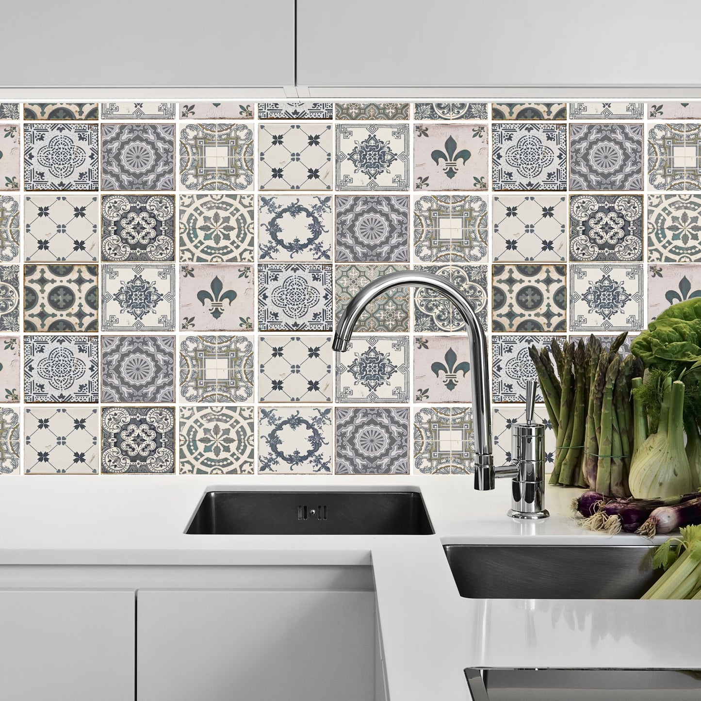 WT1586 - Vintage Blue Wall Tile Sticker Set - 15 x 15 cm (6 x 6 in) - 24 pcs