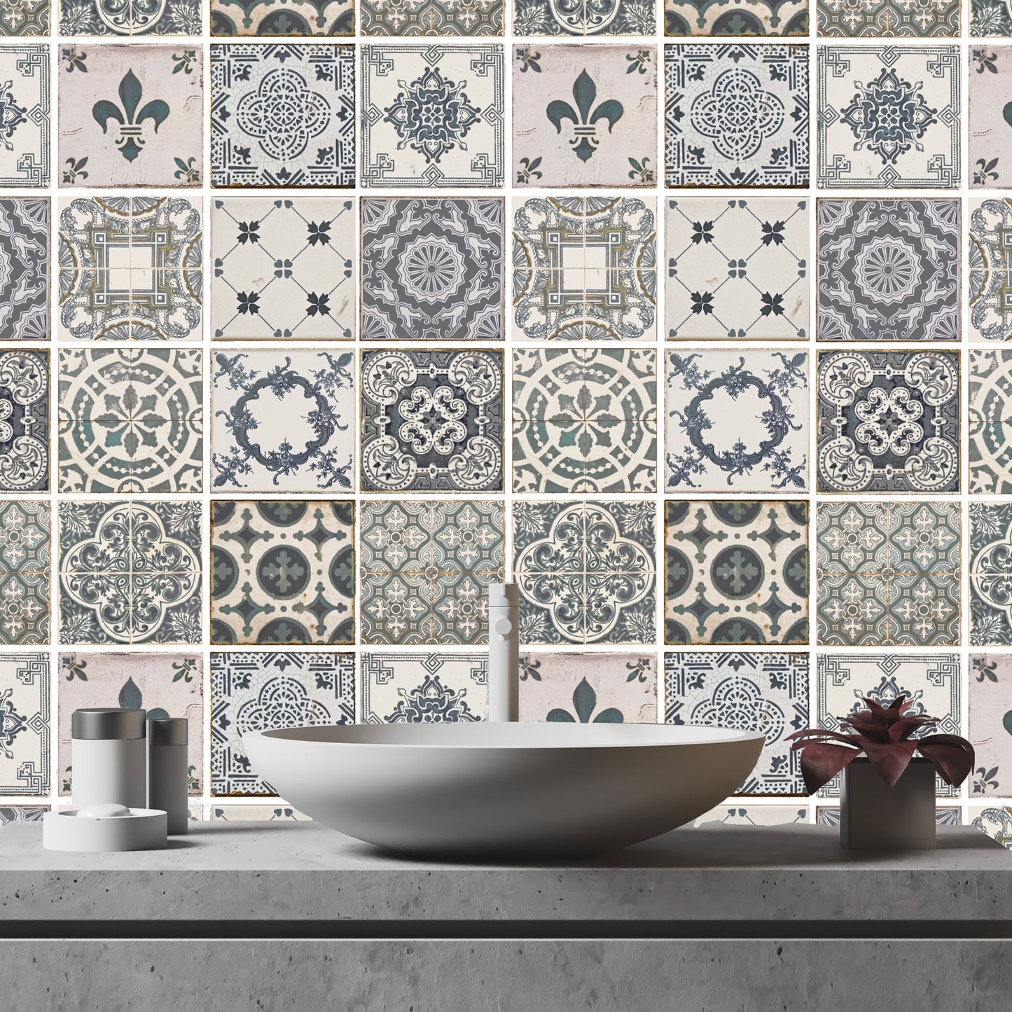 WT1586 - Vintage Blue Wall Tile Sticker Set - 15 x 15 cm (6 x 6 in) - 24 pcs