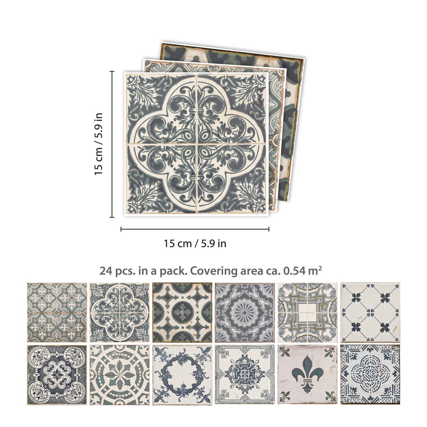 WT1586 - Vintage Blue Wall Tile Sticker Set - 15 x 15 cm (6 x 6 in) - 24 pcs