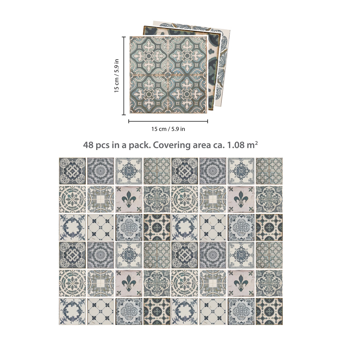 WT1586 - Vintage Blue Wall Tile Sticker Set - 15 x 15 cm (6 x 6 in) - 24 pcs