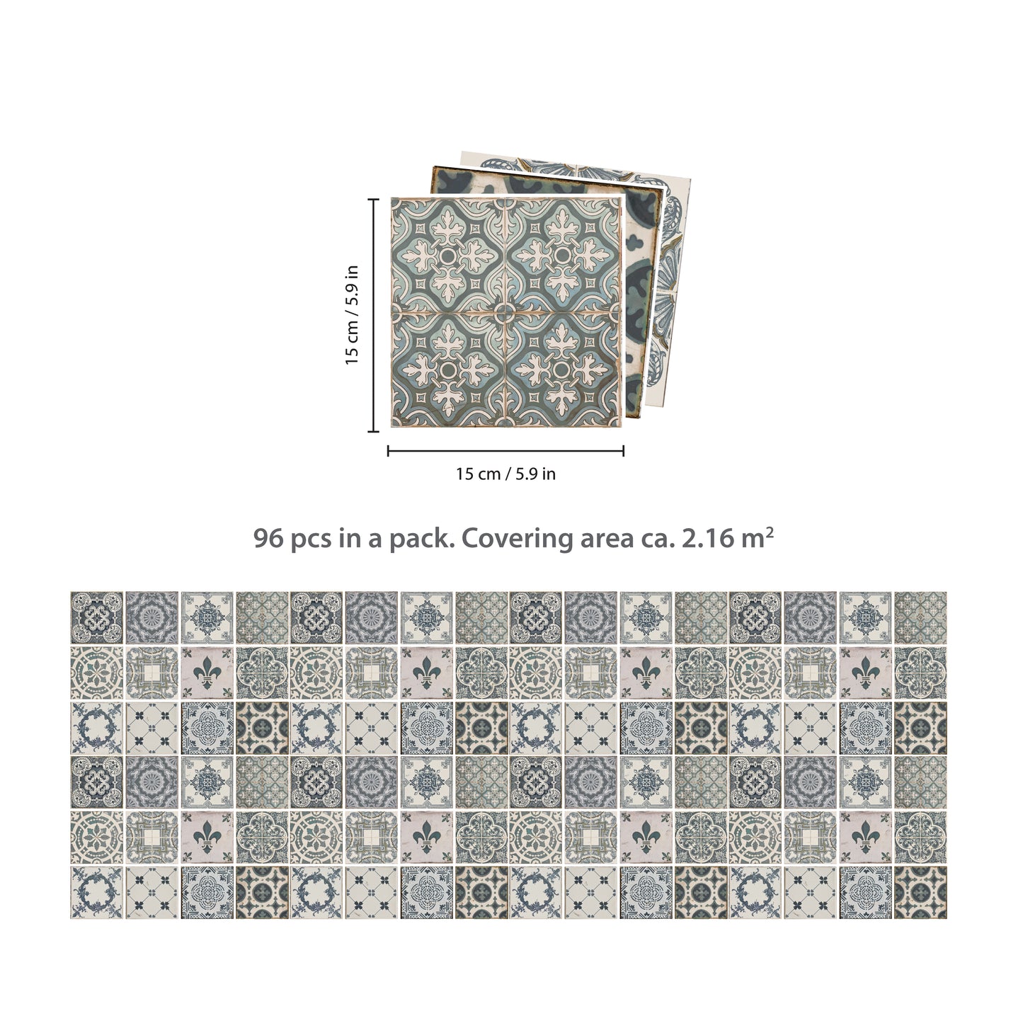 WT1586 - Vintage Blue Wall Tile Sticker Set - 15 x 15 cm (6 x 6 in) - 24 pcs