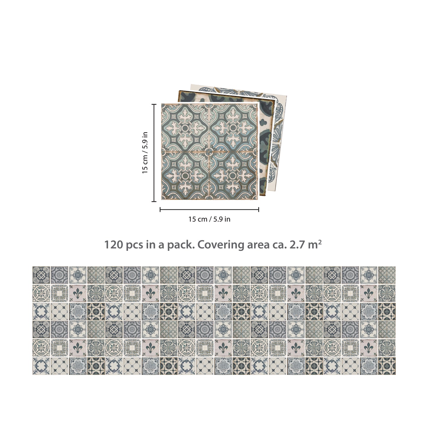 WT1586 - Vintage Blue Wall Tile Sticker Set - 15 x 15 cm (6 x 6 in) - 24 pcs