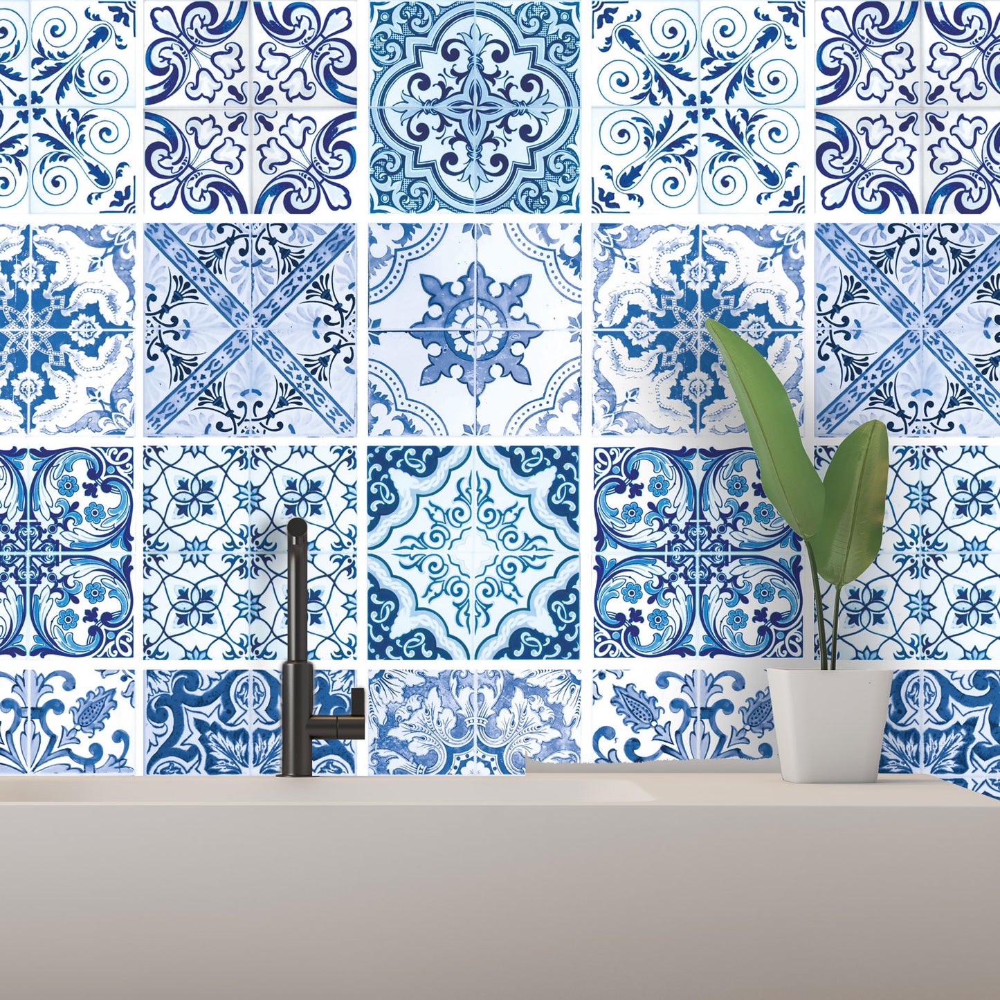 WT1587 - Blue Turkish Mediterranean Wall Tiles Sticker Set - 15 x 15 cm (6 x 6 in) - 24 pcs