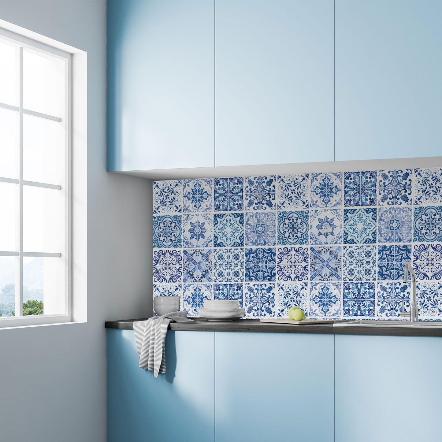 WT1587 - Blue Turkish Mediterranean Wall Tiles Sticker Set - 15 x 15 cm (6 x 6 in) - 24 pcs