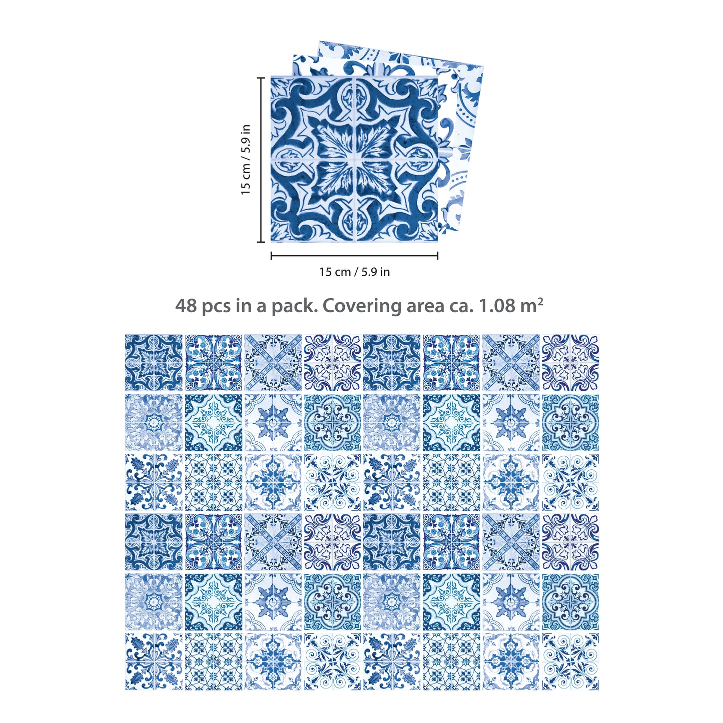 WT1587 - Blue Turkish Mediterranean Wall Tiles Sticker Set - 15 x 15 cm (6 x 6 in) - 24 pcs
