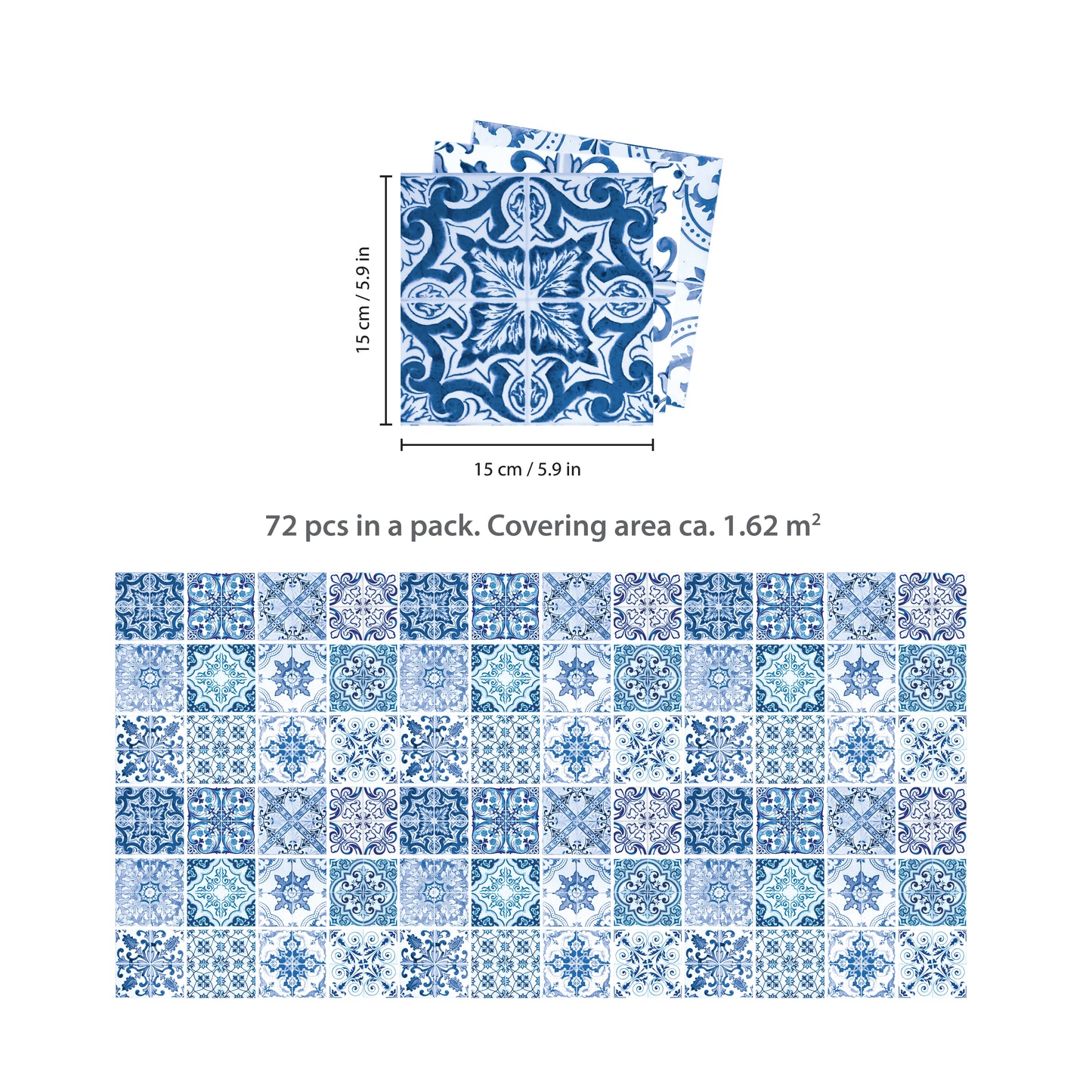 WT1587 - Blue Turkish Mediterranean Wall Tiles Sticker Set - 15 x 15 cm (6 x 6 in) - 24 pcs