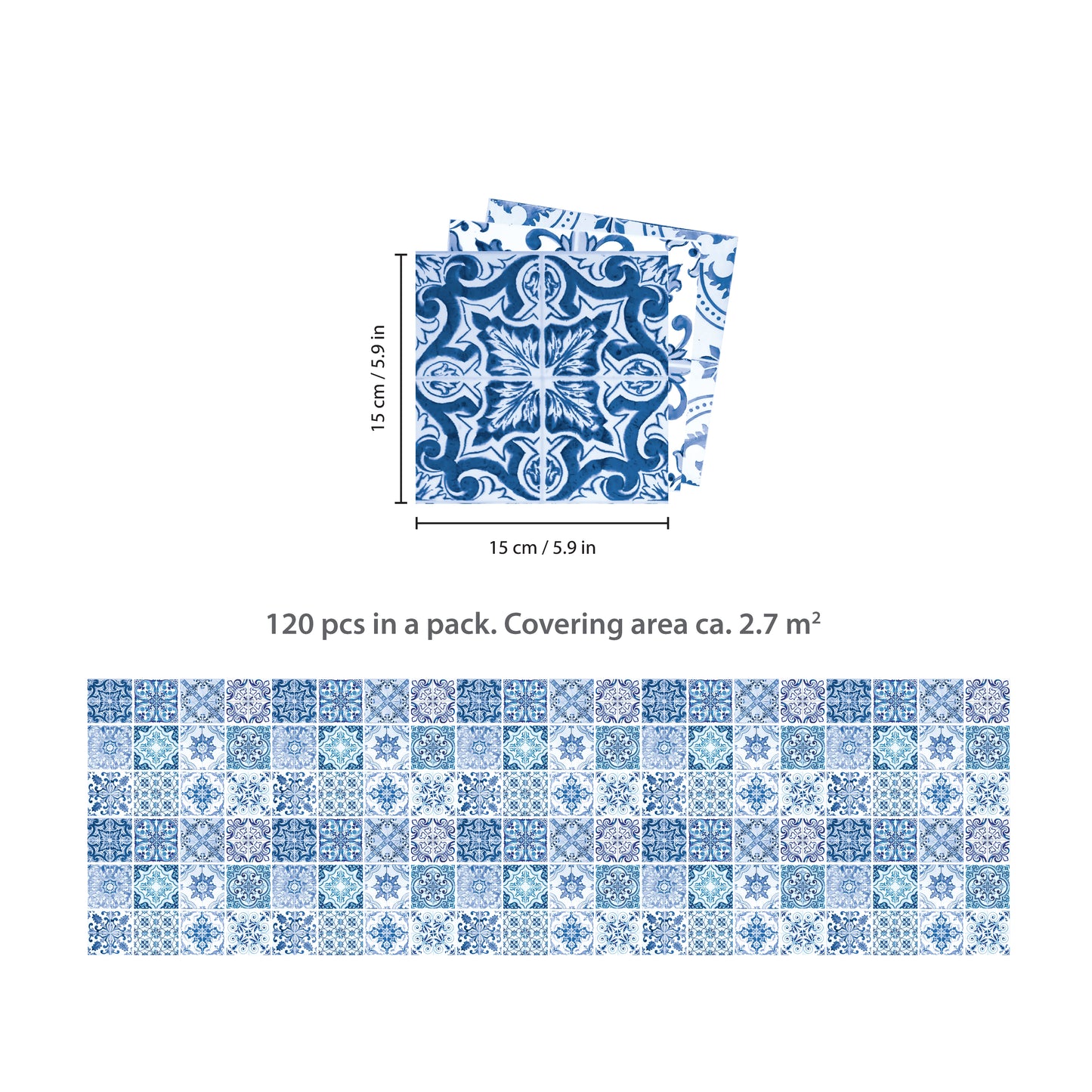 WT1587 - Blue Turkish Mediterranean Wall Tiles Sticker Set - 15 x 15 cm (6 x 6 in) - 24 pcs
