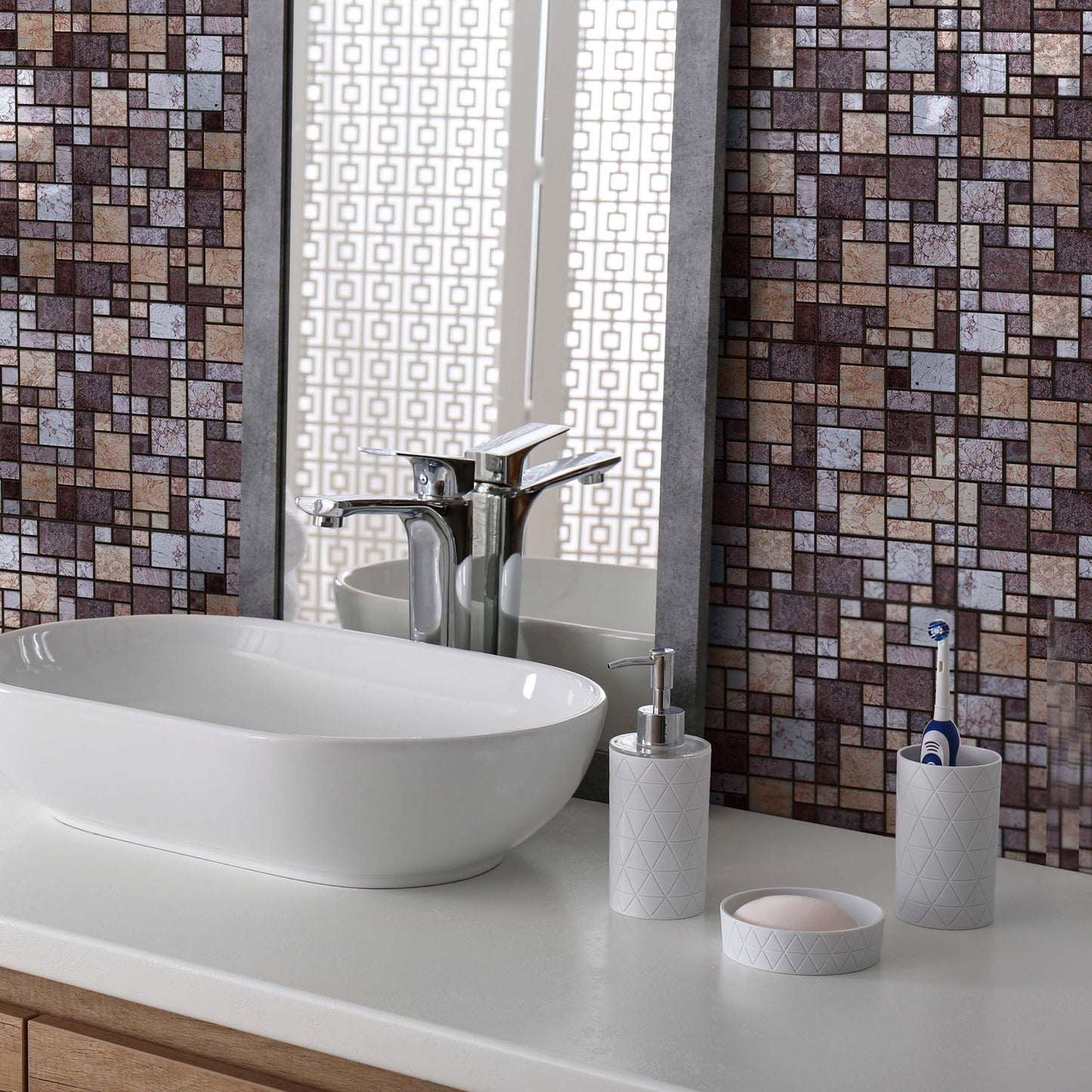 WT1588 - Brown and Beige Stone Mosaic Wall Tile Sticker Set - 15 x 15 cm (6 x 6 in) - 24 pcs