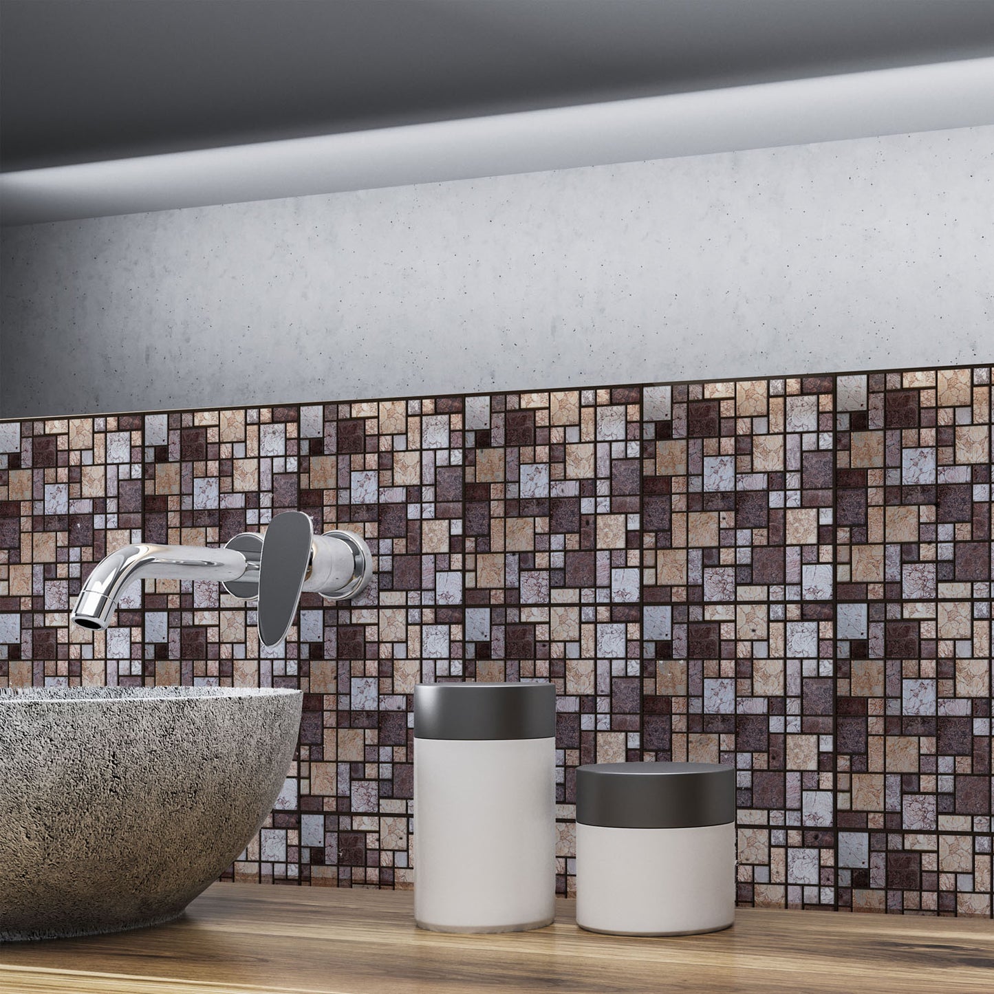 WT1588 - Brown and Beige Stone Mosaic Wall Tile Sticker Set - 15 x 15 cm (6 x 6 in) - 24 pcs