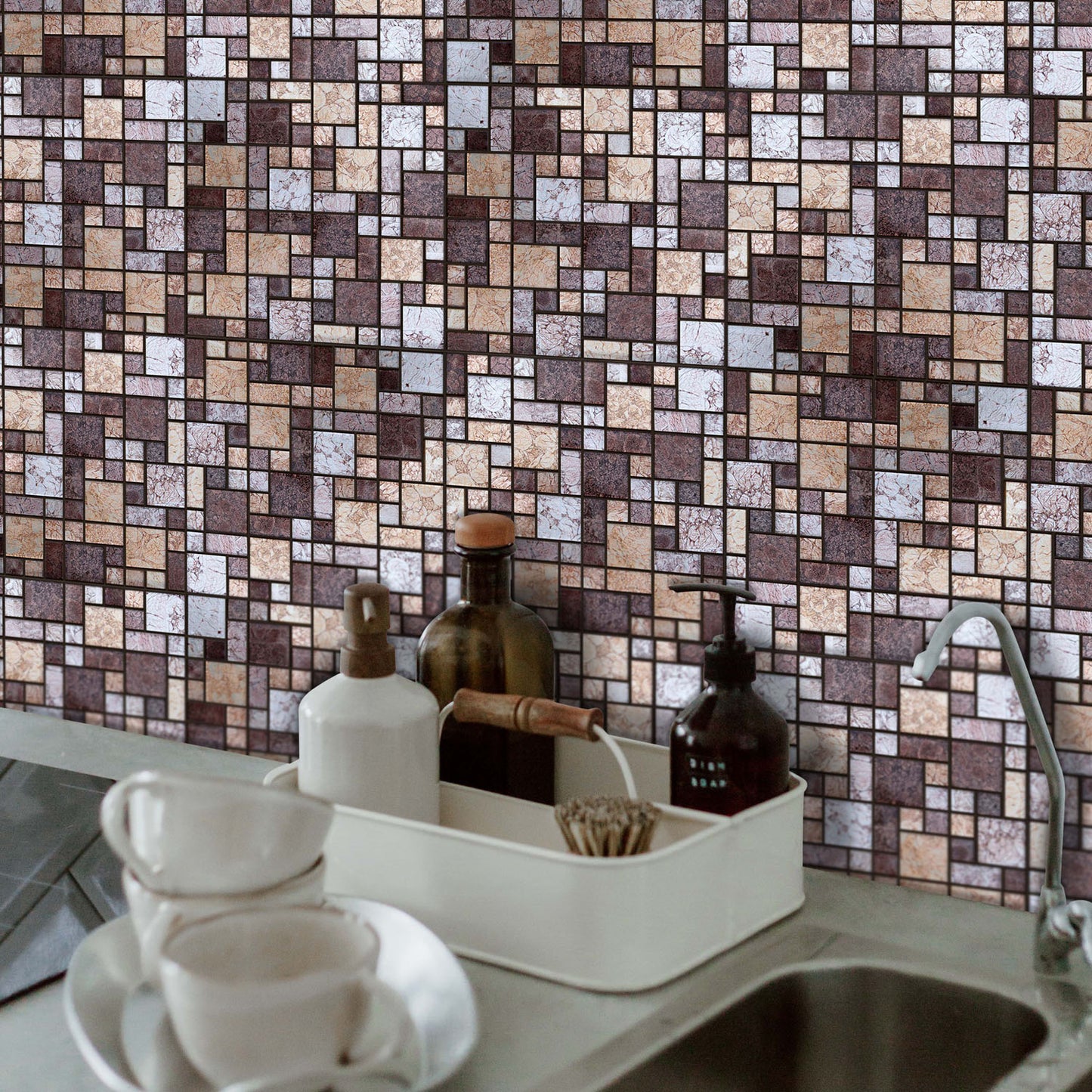 WT1588 - Brown and Beige Stone Mosaic Wall Tile Sticker Set - 15 x 15 cm (6 x 6 in) - 24 pcs