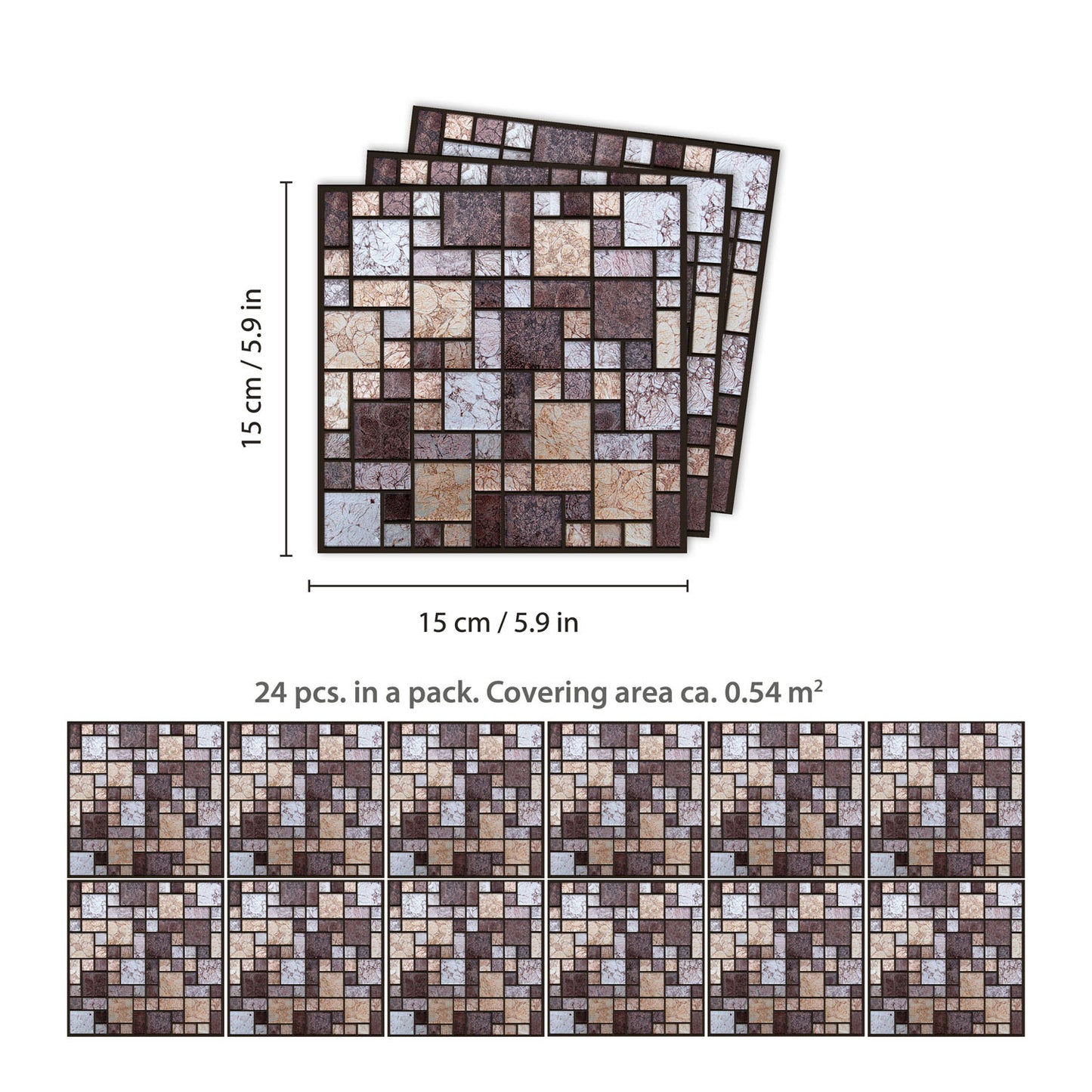 WT1588 - Brown and Beige Stone Mosaic Wall Tile Sticker Set - 15 x 15 cm (6 x 6 in) - 24 pcs