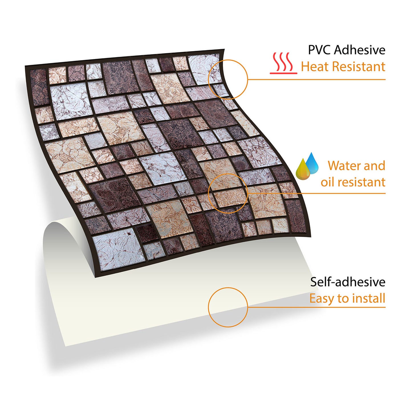 WT1588 - Brown and Beige Stone Mosaic Wall Tile Sticker Set - 15 x 15 cm (6 x 6 in) - 24 pcs