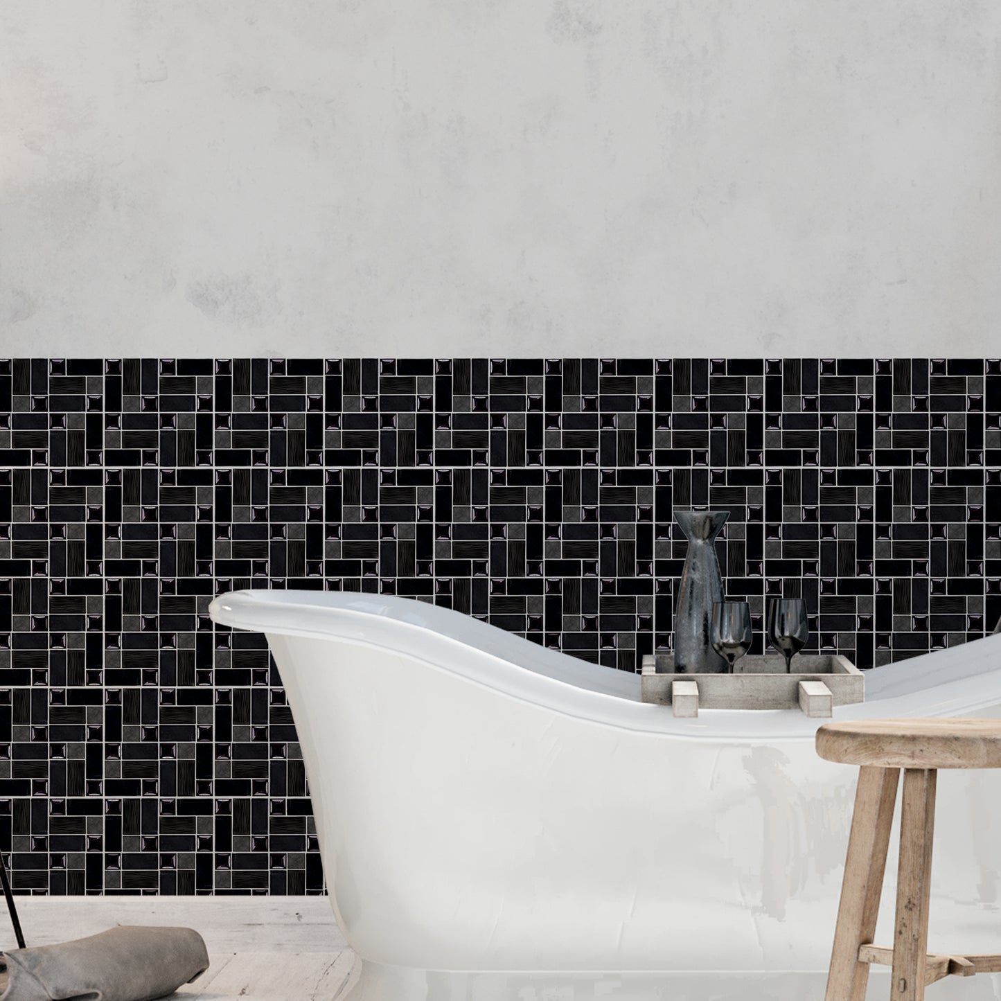 WT1589 - Glossy Black Porcelain Mosaic Wall Tile Sticker Set - 15 x 15 cm (6 x 6 in) - 24 pcs