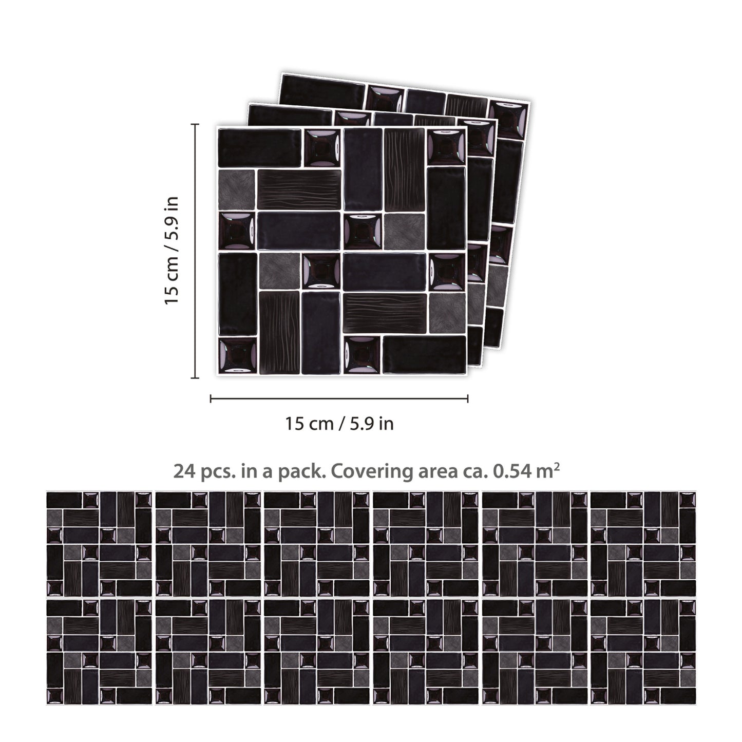 WT1589 - Glossy Black Porcelain Mosaic Wall Tile Sticker Set - 15 x 15 cm (6 x 6 in) - 24 pcs