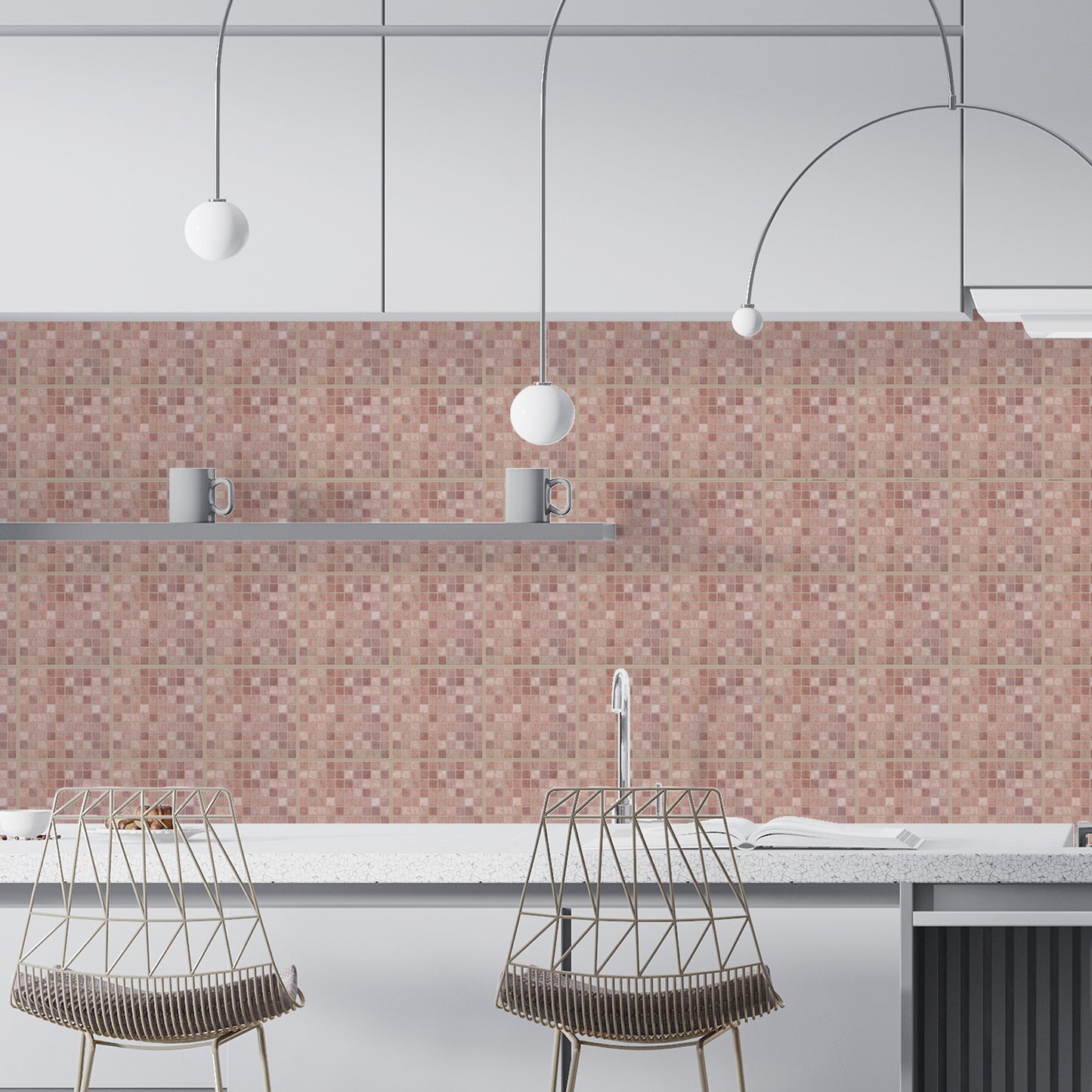 WT1590 - Vintage Pink Marble Mosaic Wall Tile Sticker Set - 15 x 15 cm (6 x 6 in) - 24 pcs