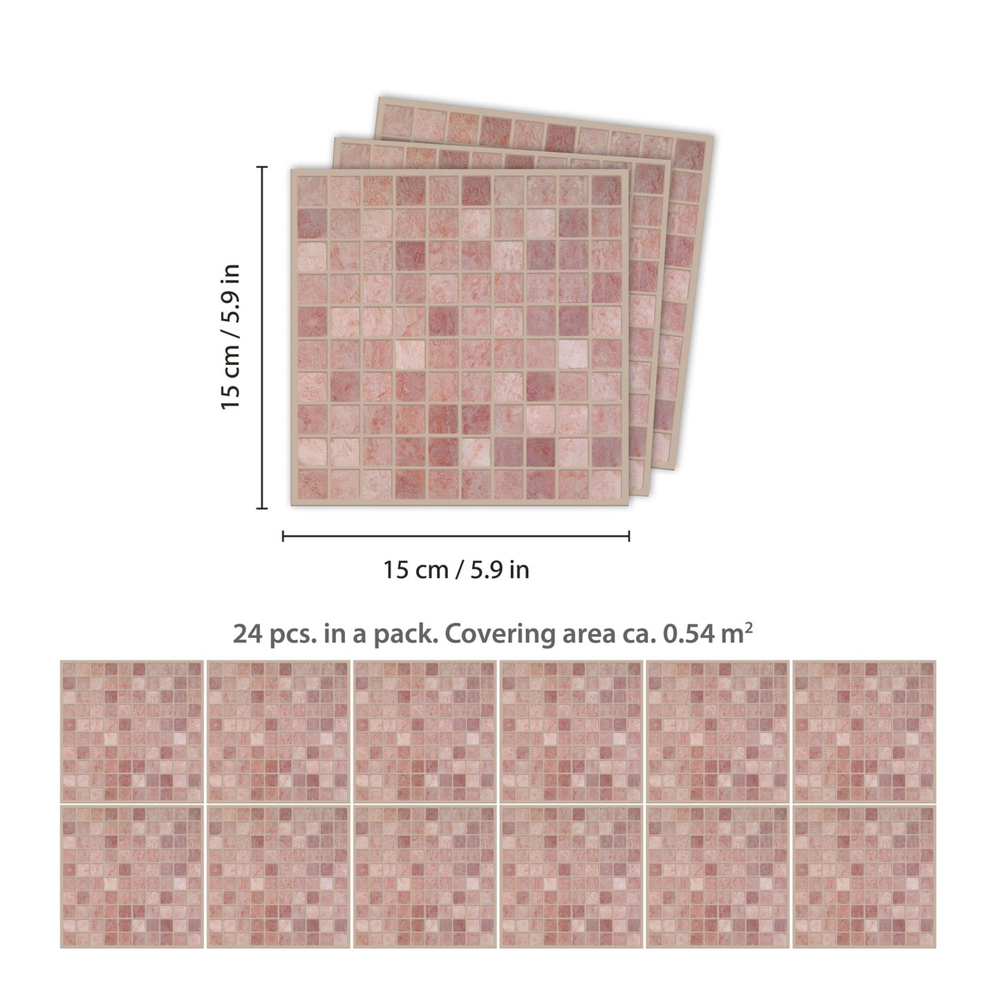 WT1590 - Vintage Pink Marble Mosaic Wall Tile Sticker Set - 15 x 15 cm (6 x 6 in) - 24 pcs
