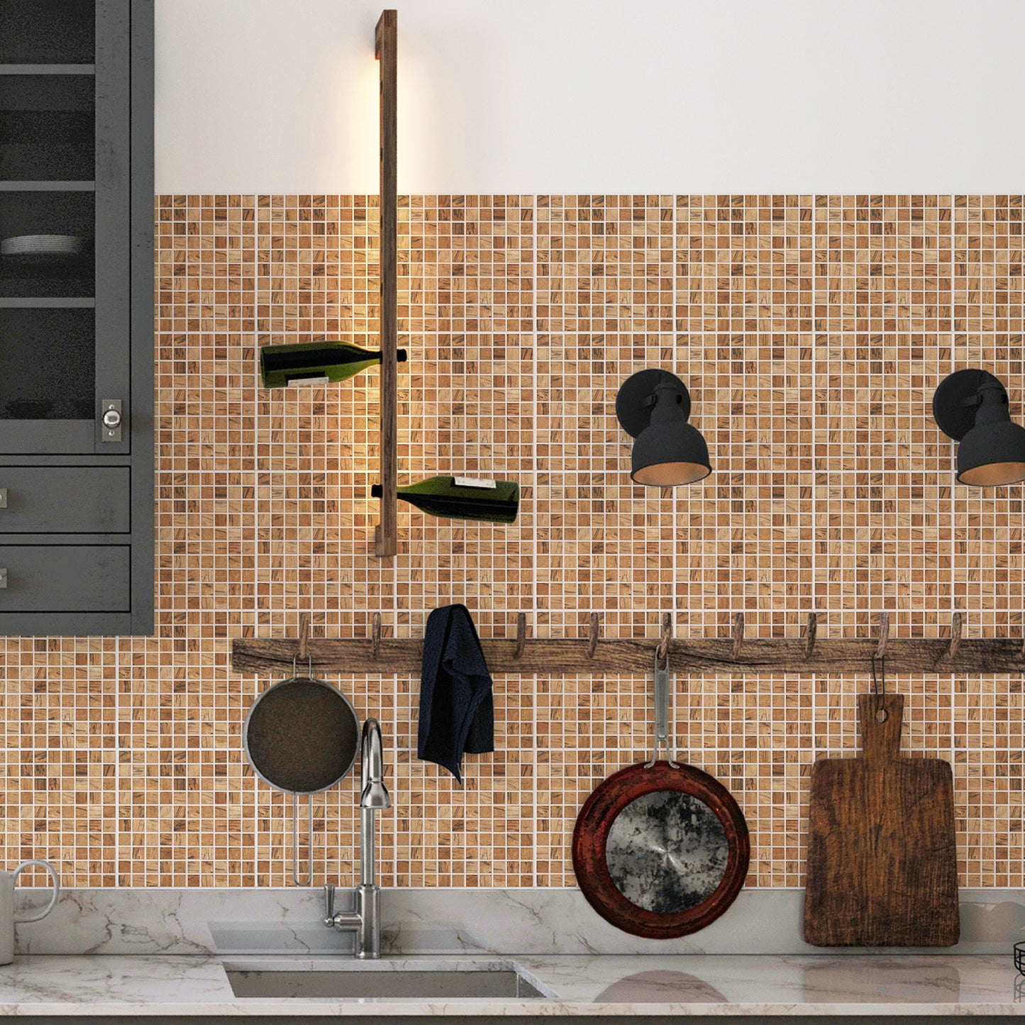 WT1592 - Triana Marble Brown and Cream Mosaic Wall Tile Sticker Set - 15 x 15 cm (6 x 6 in) - 24 pcs