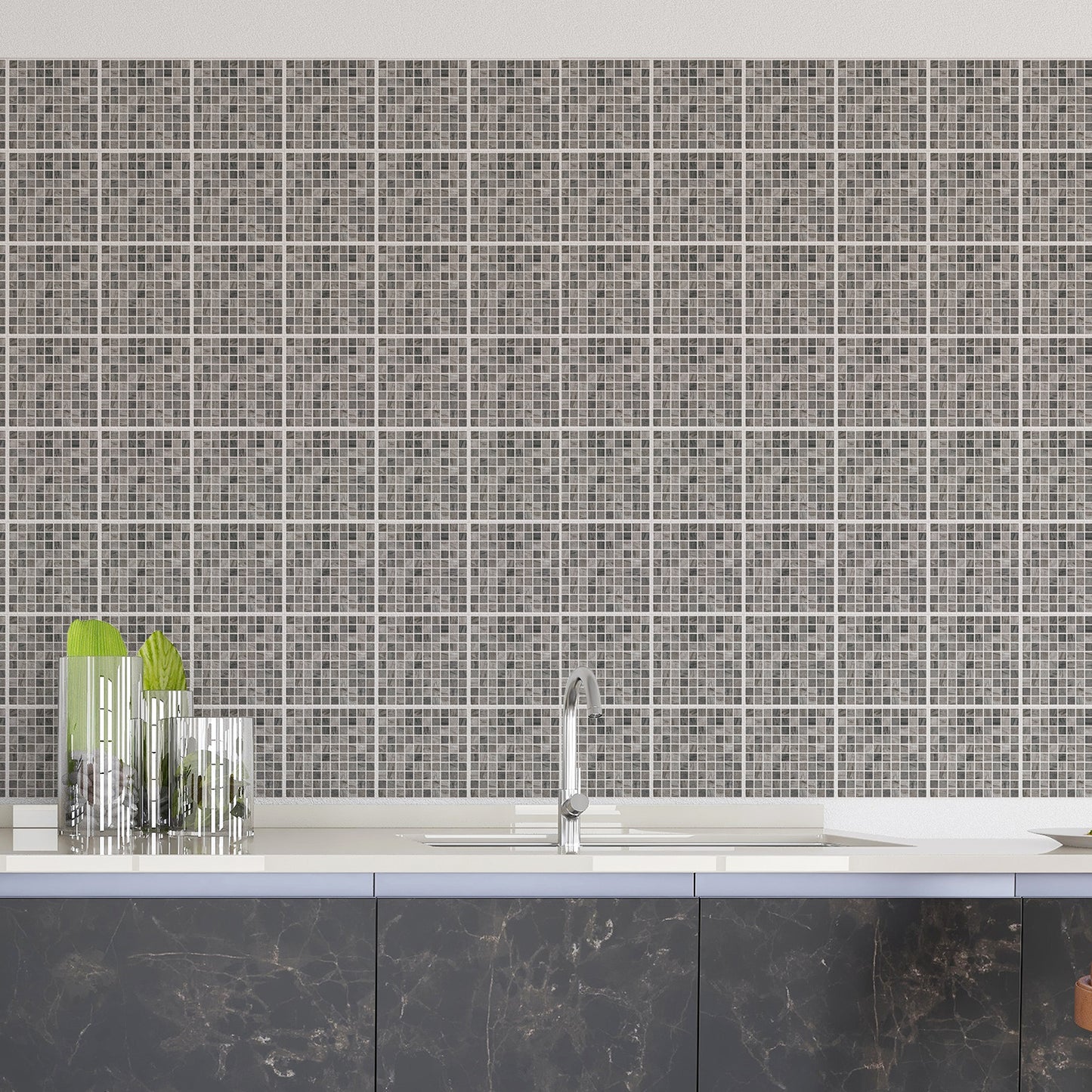 WT1593 - Picasso Grey Marble Mosaic Wall Tile Sticker Set - 15 x 15 cm (6 x 6 in) - 24 pcs