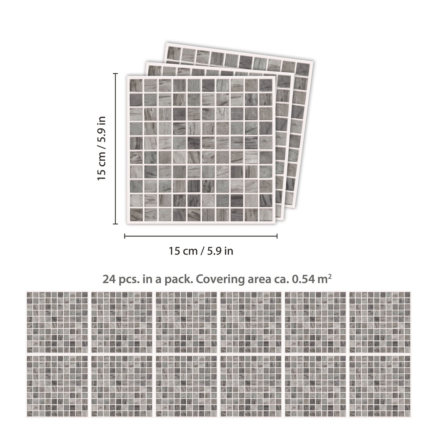 WT1593 - Picasso Grey Marble Mosaic Wall Tile Sticker Set - 15 x 15 cm (6 x 6 in) - 24 pcs